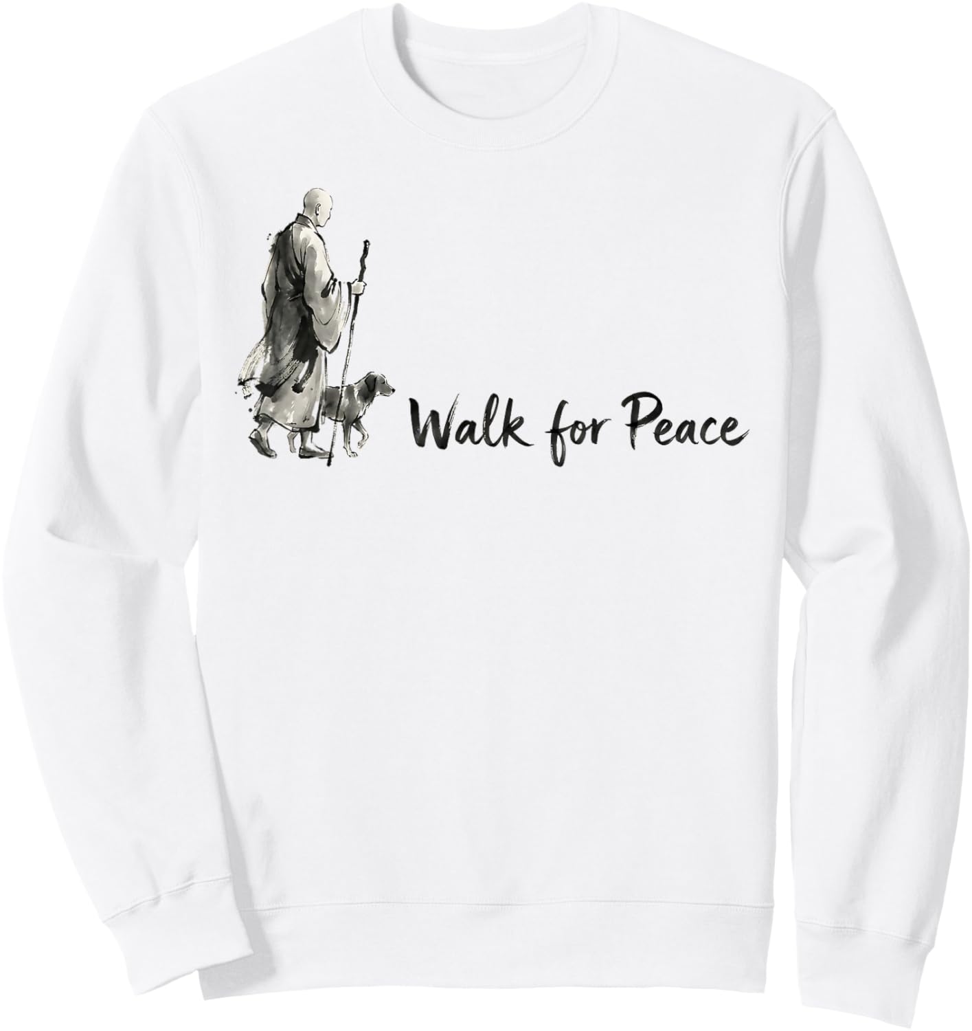 Minimalist Zen Art Walk for Peace Monks with Aloka Dog Sweatshirt - Sweatshirt | White