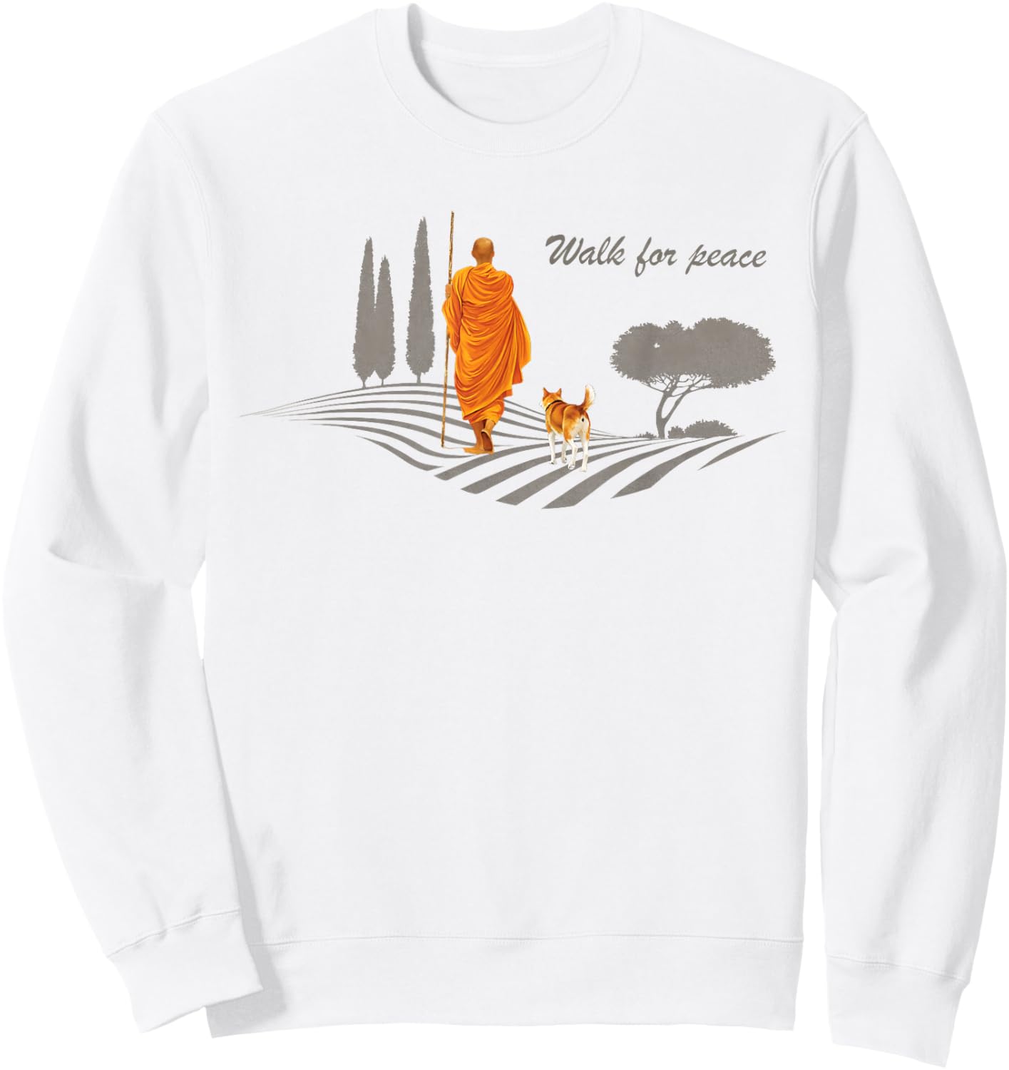 Retro Peace Walking Monks & Dog Minimalist Zen Art Sweatshirt - Sweatshirt | White