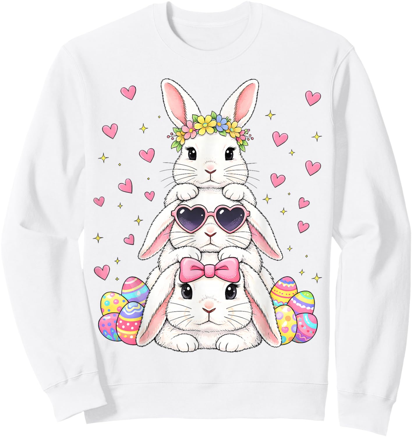 Cute Happy Easter Bunny Stack Floral Easter Eggs Girl Kids Sweatshirt - Sweatshirt | White