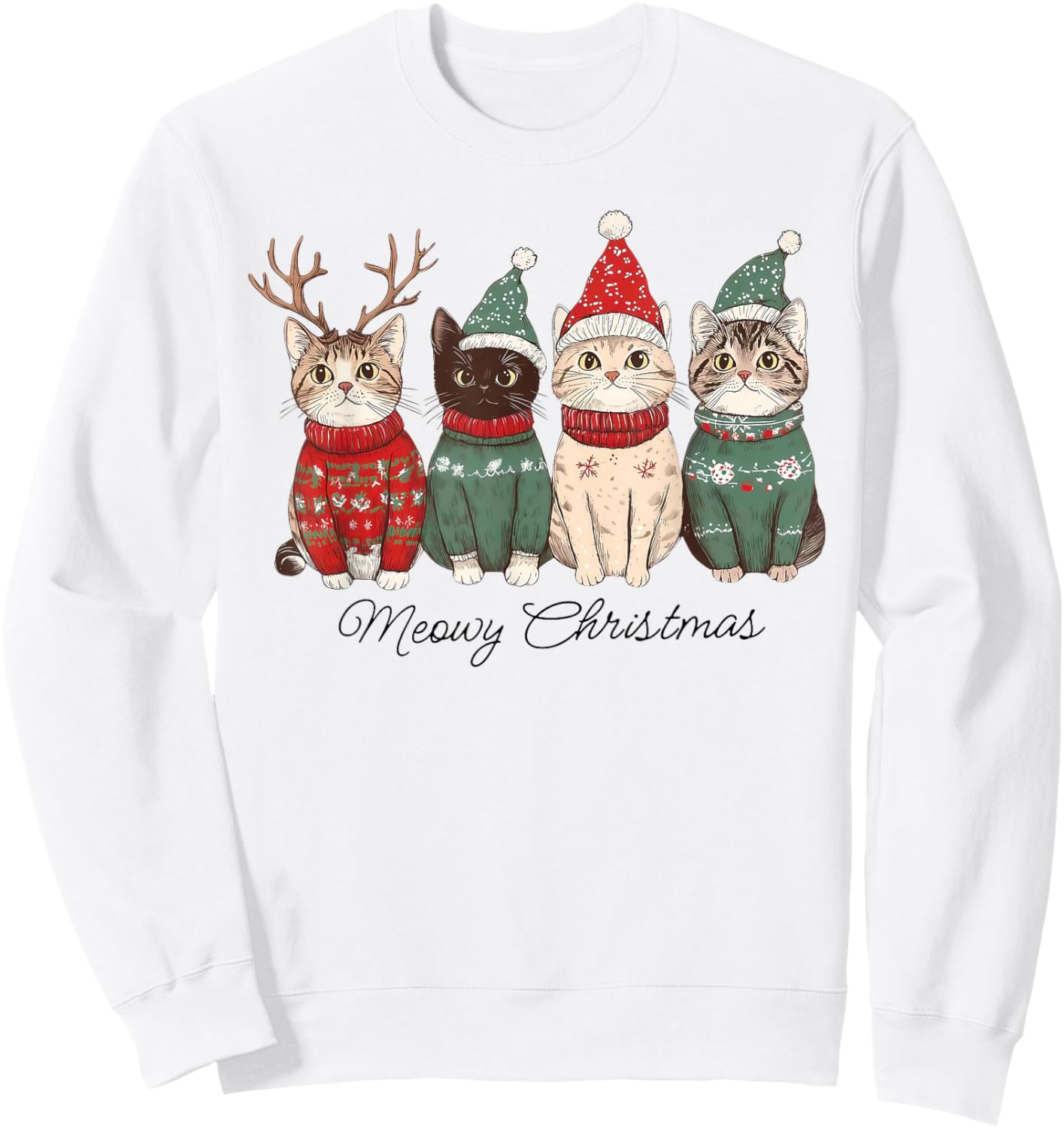 Meowy Catmas Cat Christmas Lights Xmas Pajamas Cat Lover Sweatshirt - Sweatshirt | White