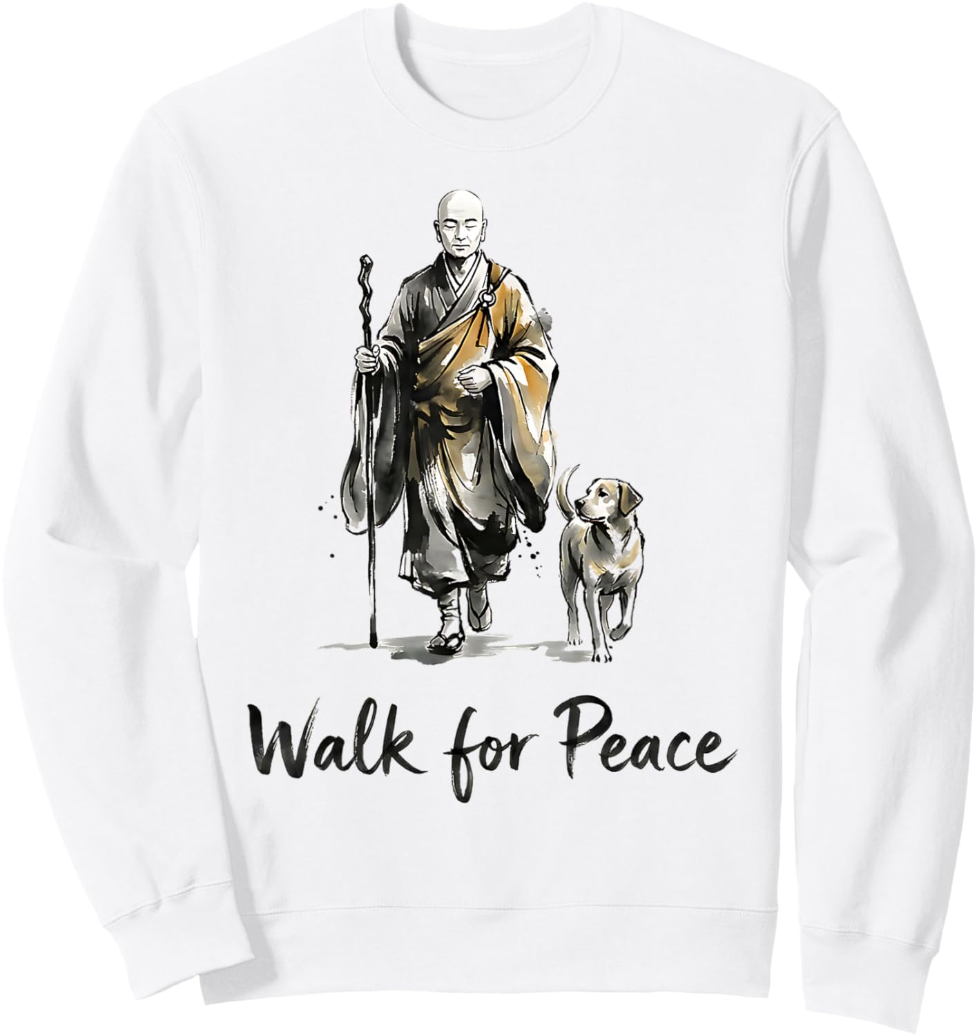Minimalist Zen Art Walk for Peace Monks with Aloka Dog Sweatshirt - Sweatshirt | White