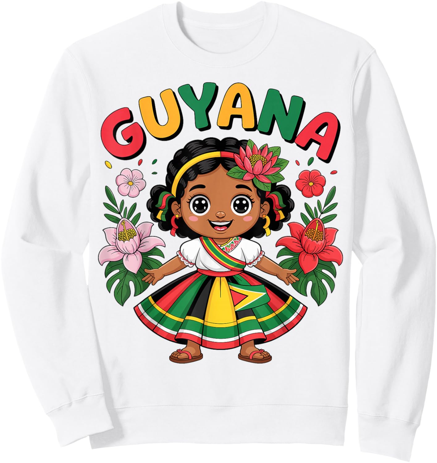 Guyanese Girl in Traditional Dress with Tropical Flowers Sweatshirt - Sweatshirt | White