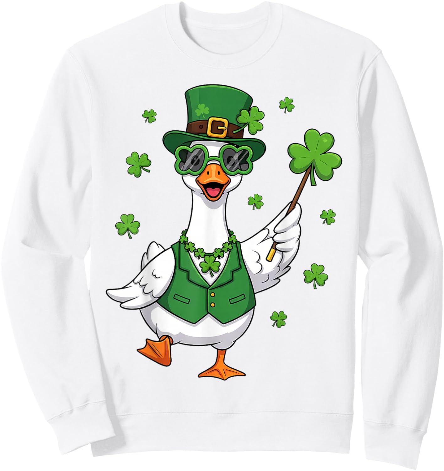 Funny St Patricks Day Goose Shamrock Leprechaun Sweatshirt - Sweatshirt | White