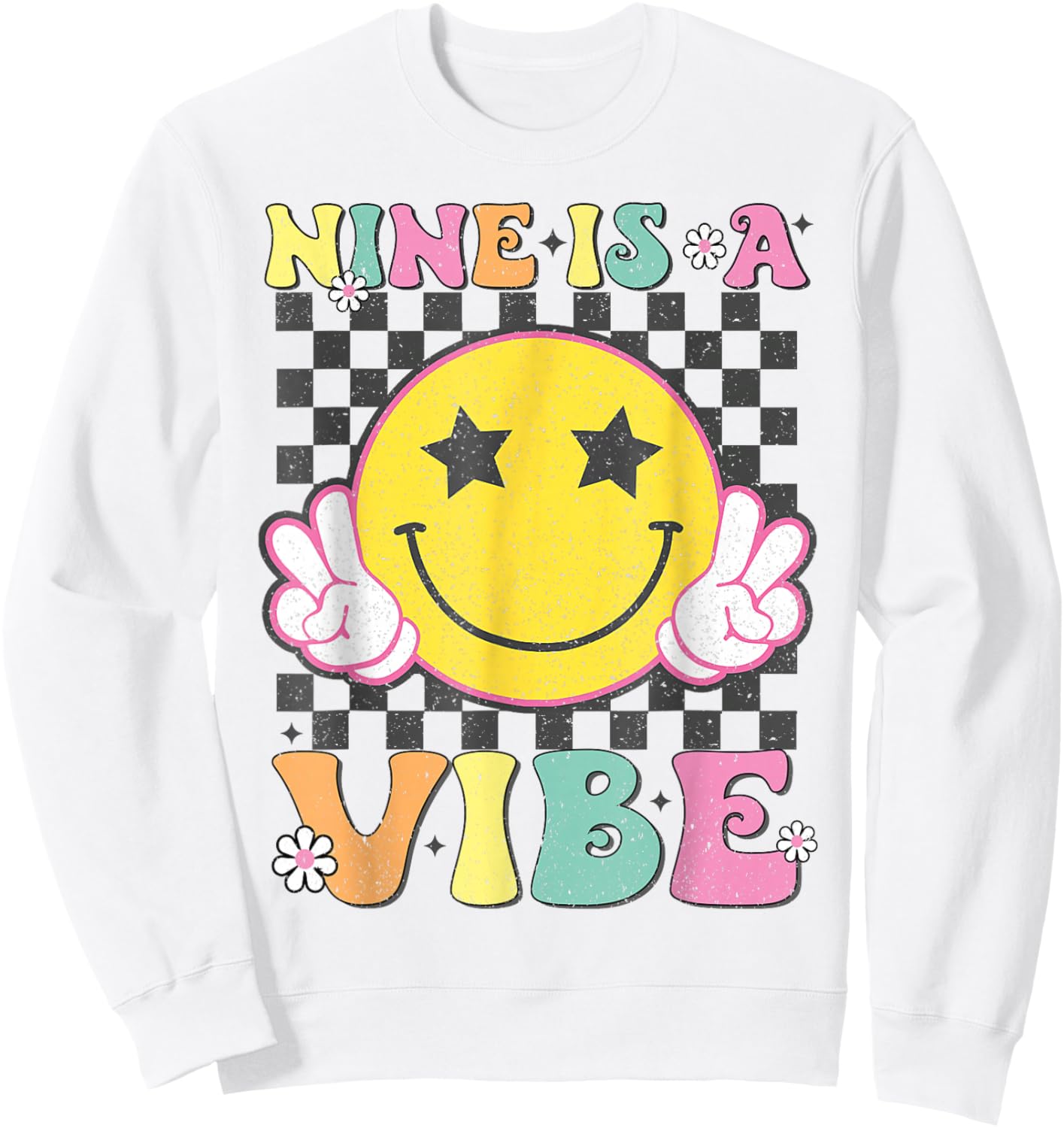 Nine is A Vibe 9th Birthday Groovy Smile Face 9 Years Old Sweatshirt - Sweatshirt | White