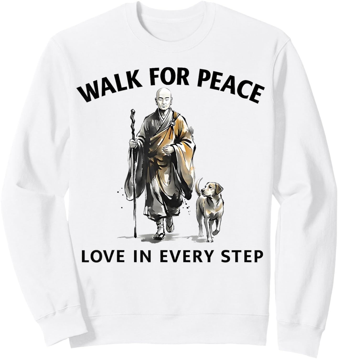 Retro Peace Walking Monks & Dog Minimalist Zen Art Sweatshirt - Sweatshirt | White