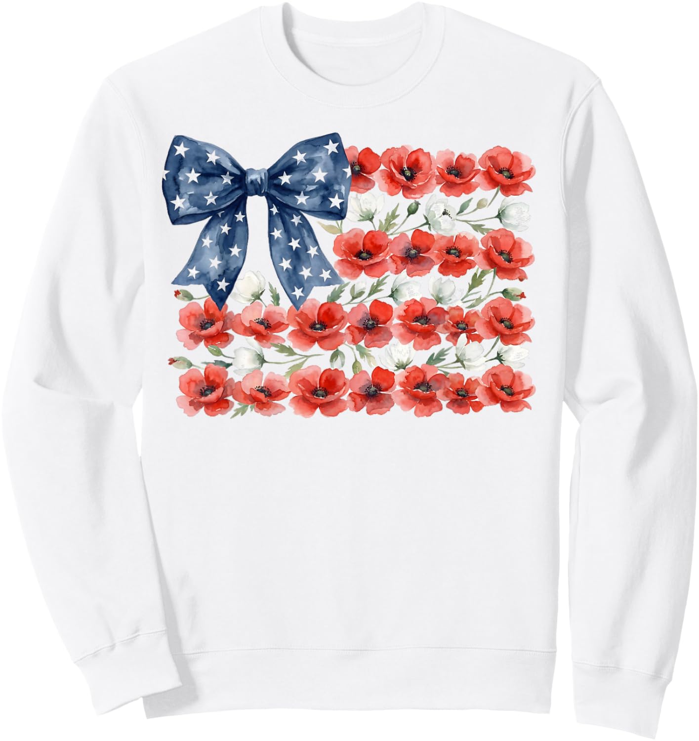 Floral American Flag Coquette Bow USA 4th of July Patriotic Sweatshirt - Sweatshirt | White