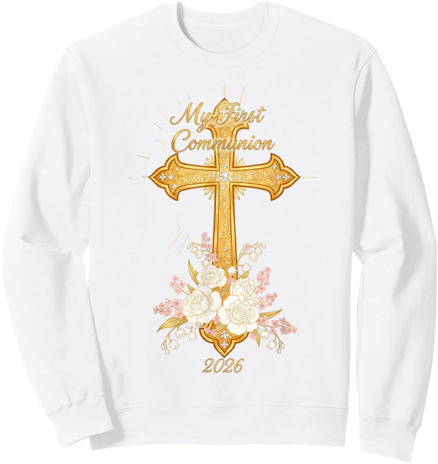 My First Communion 2026 Floral Cross Catholic Girls Sweatshirt - Sweatshirt | White