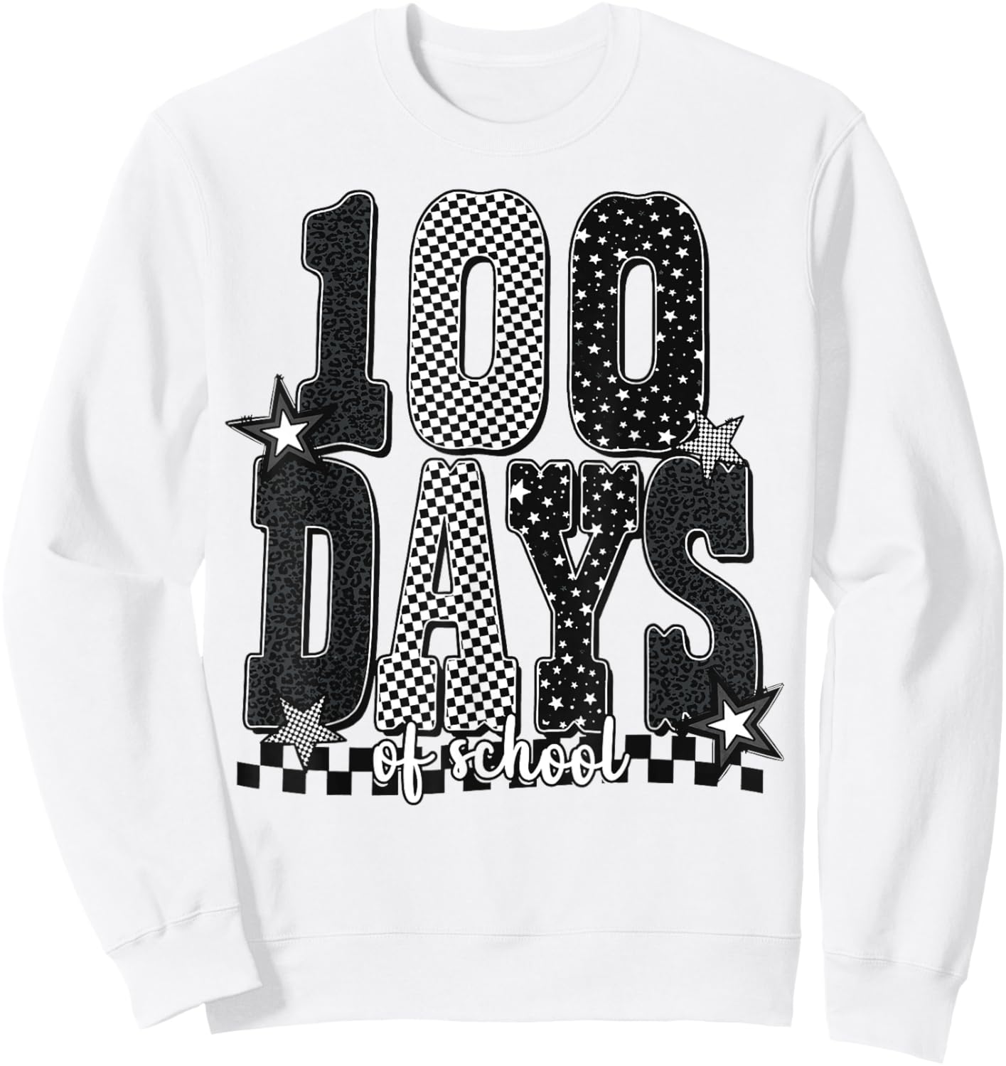 Black White Checkered Leopard 100 Days of School Stars Sweatshirt - Sweatshirt | White
