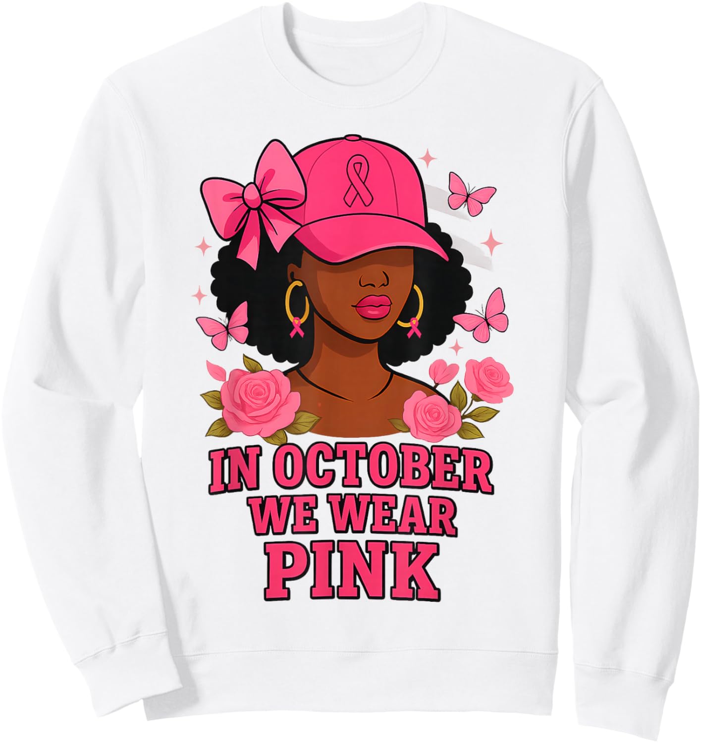 in October We Wear Pink Black Women Breast Cancer Awareness Sweatshirt - Sweatshirt | White