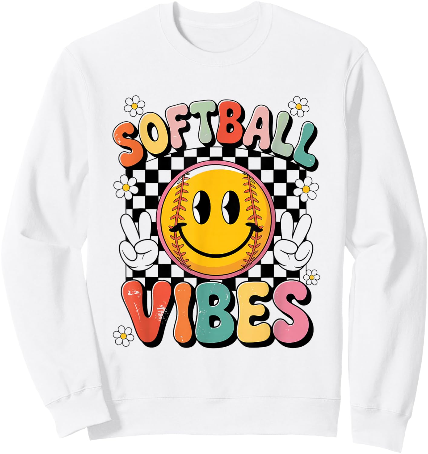 Softball Vibes Softball Retro Groovy Game Day Girls Women Sweatshirt - Sweatshirt | White