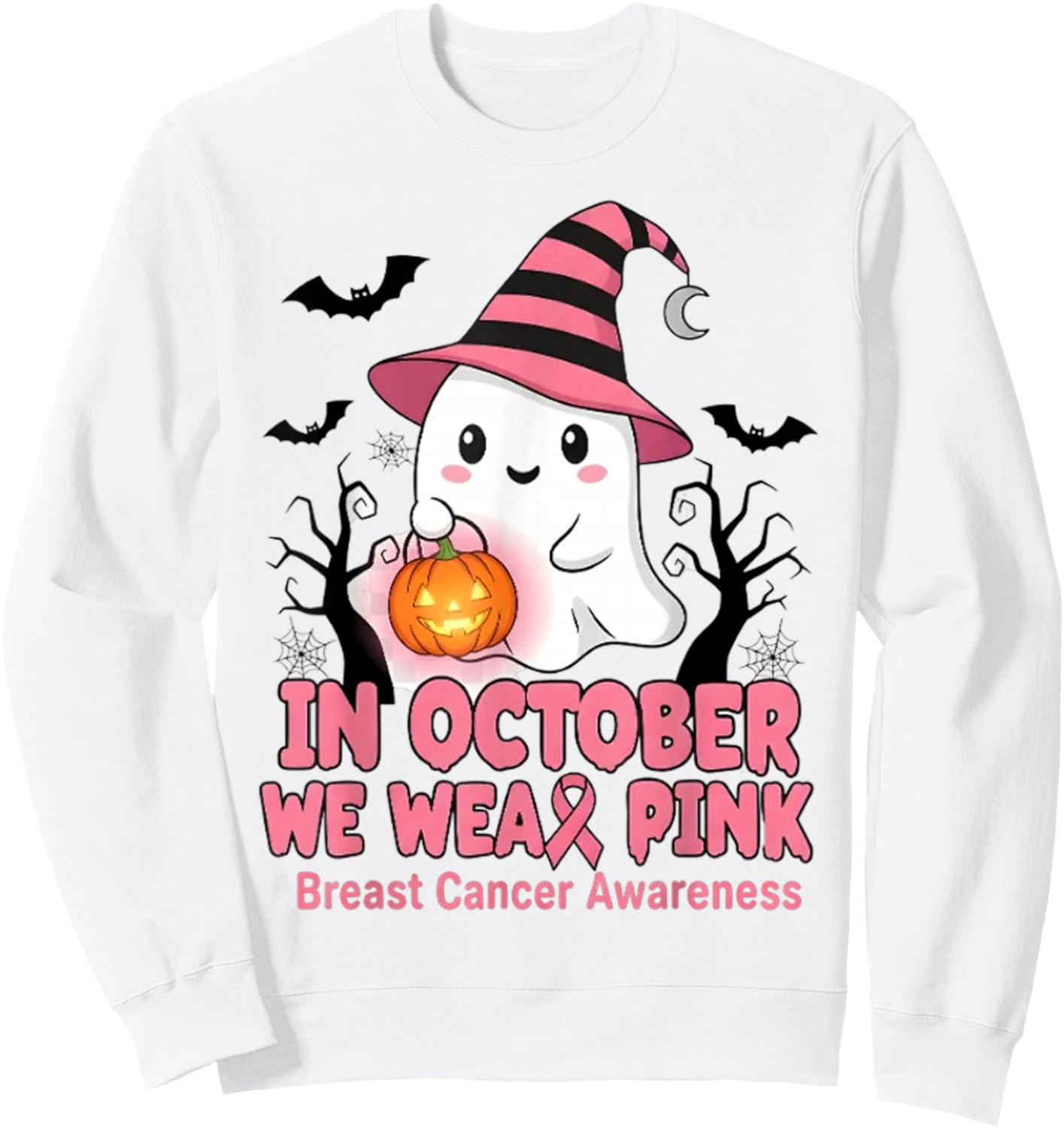 in October We Wear Pink Ghost Witch Breast Cancer Awareness Sweatshirt - Sweatshirt | White