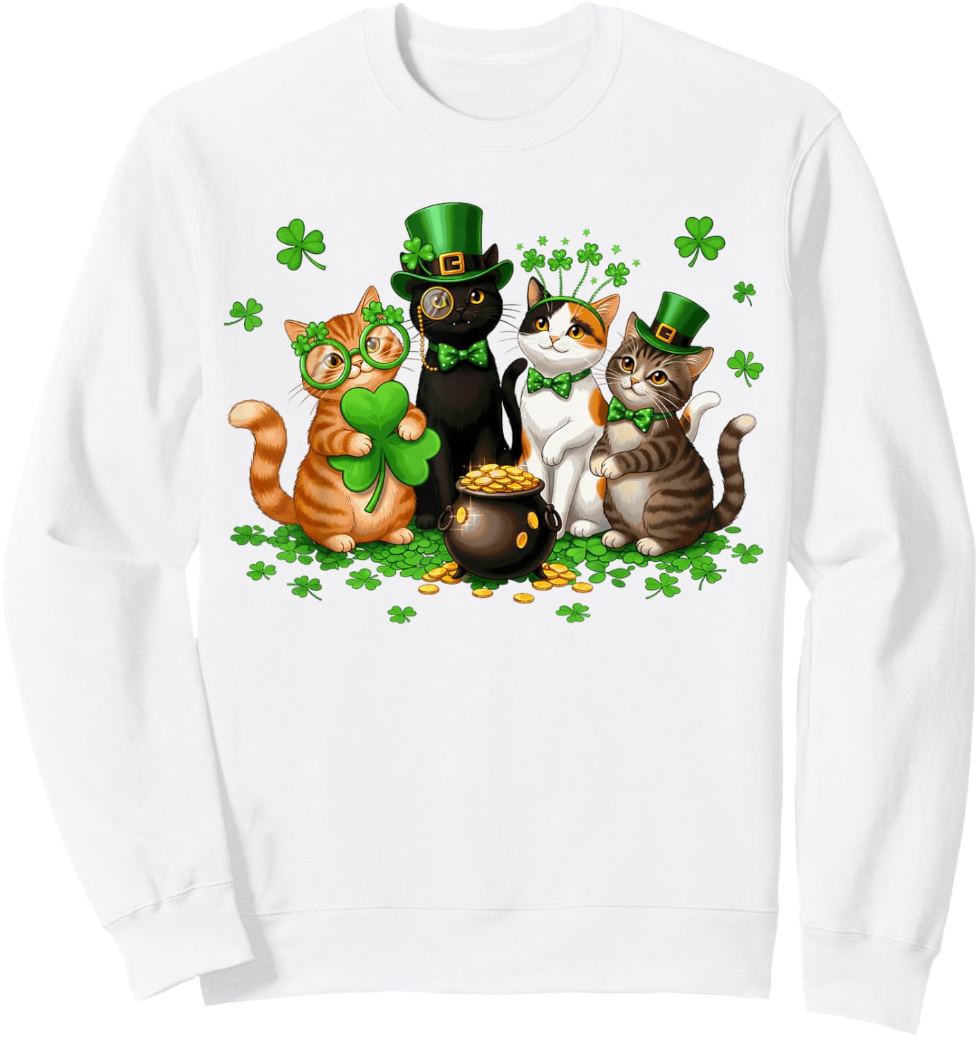 Funny Cat Kitten St. Patrick's Day Leprechaun Shamrocks Kids Sweatshirt - Sweatshirt | White