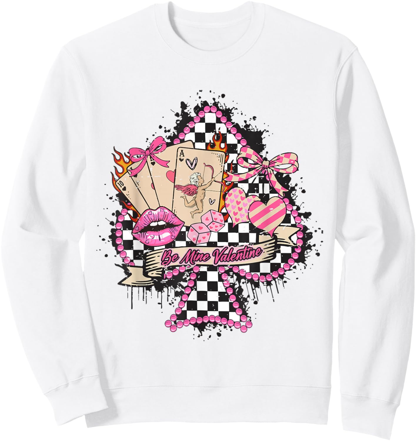 Retro Checkered Western Be Mine Valentine Cherry Bow Cupid Sweatshirt - Sweatshirt | White