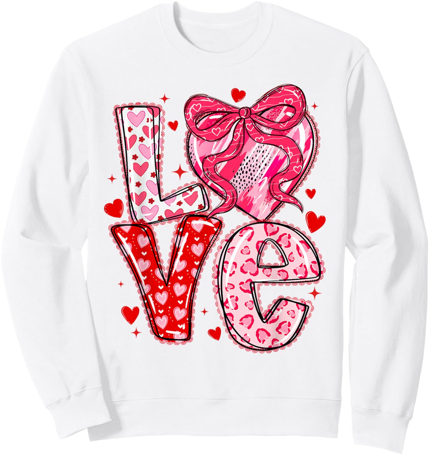 Valentines Day Love Hearts Leopard Coquette Bow Women Girls Sweatshirt - Sweatshirt | White