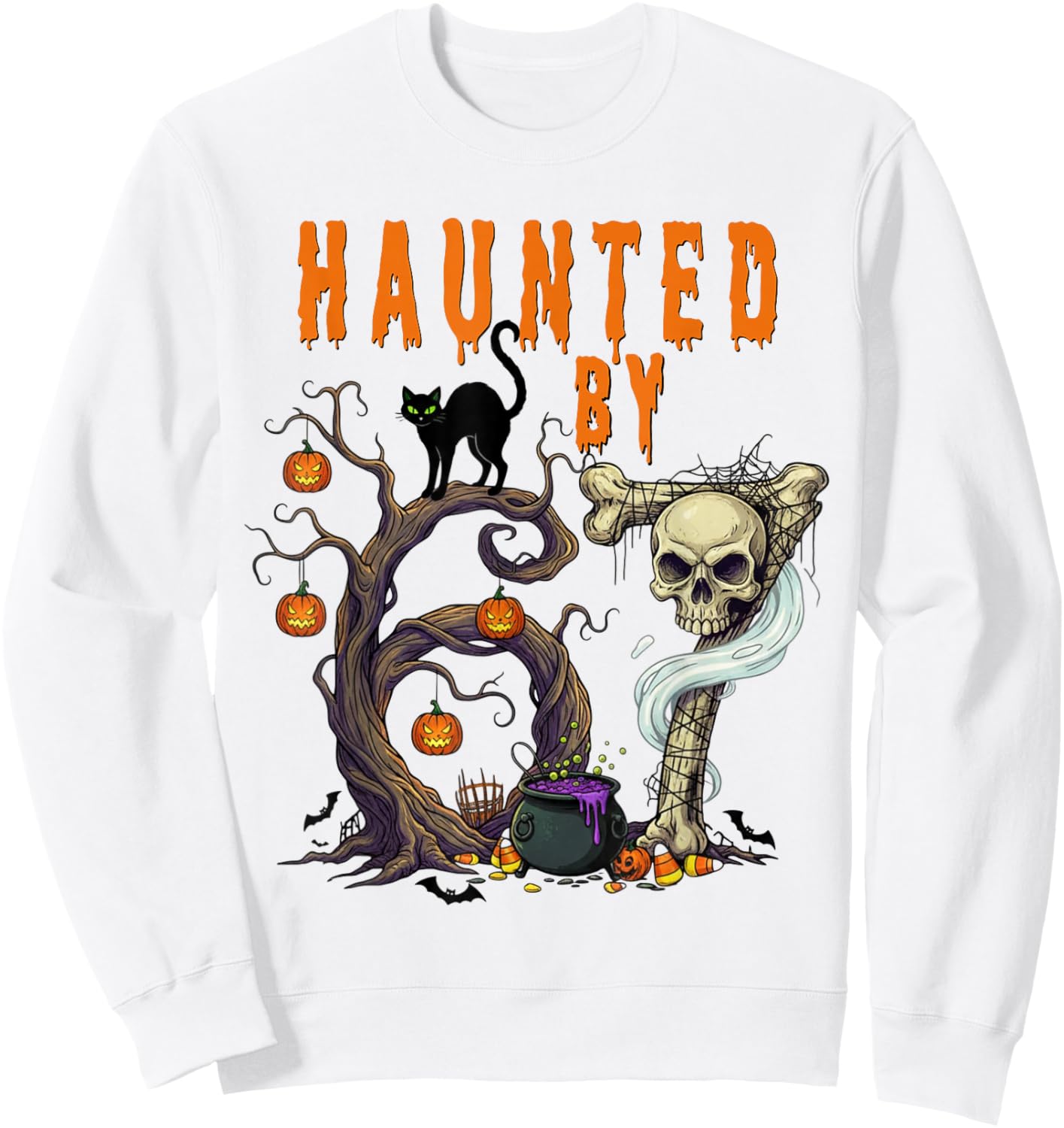 Haunted by 67 - Spooky Black Cat and Skull Halloween Costume Sweatshirt - Sweatshirt | White