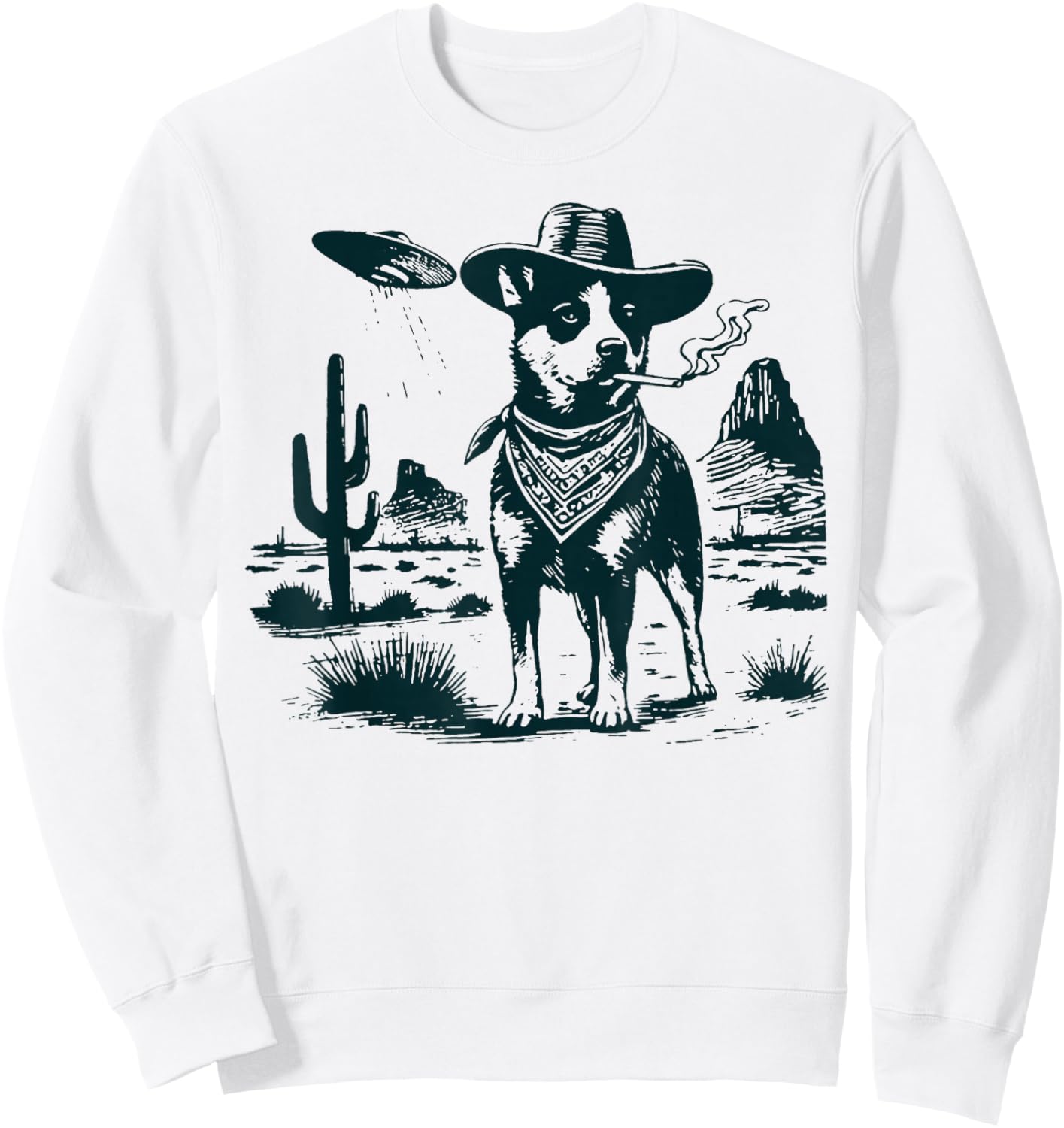 Australian Cattle Dog Smoking with UFO Western Cowboy Dog Sweatshirt - Sweatshirt | White