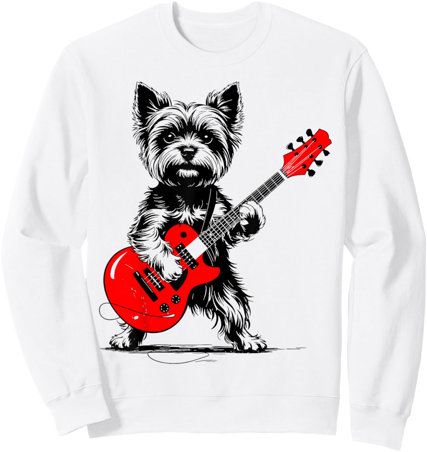 Vintage Yorkie Rock Funny Dog Playing Guitar Rock Style Sweatshirt - Sweatshirt | White