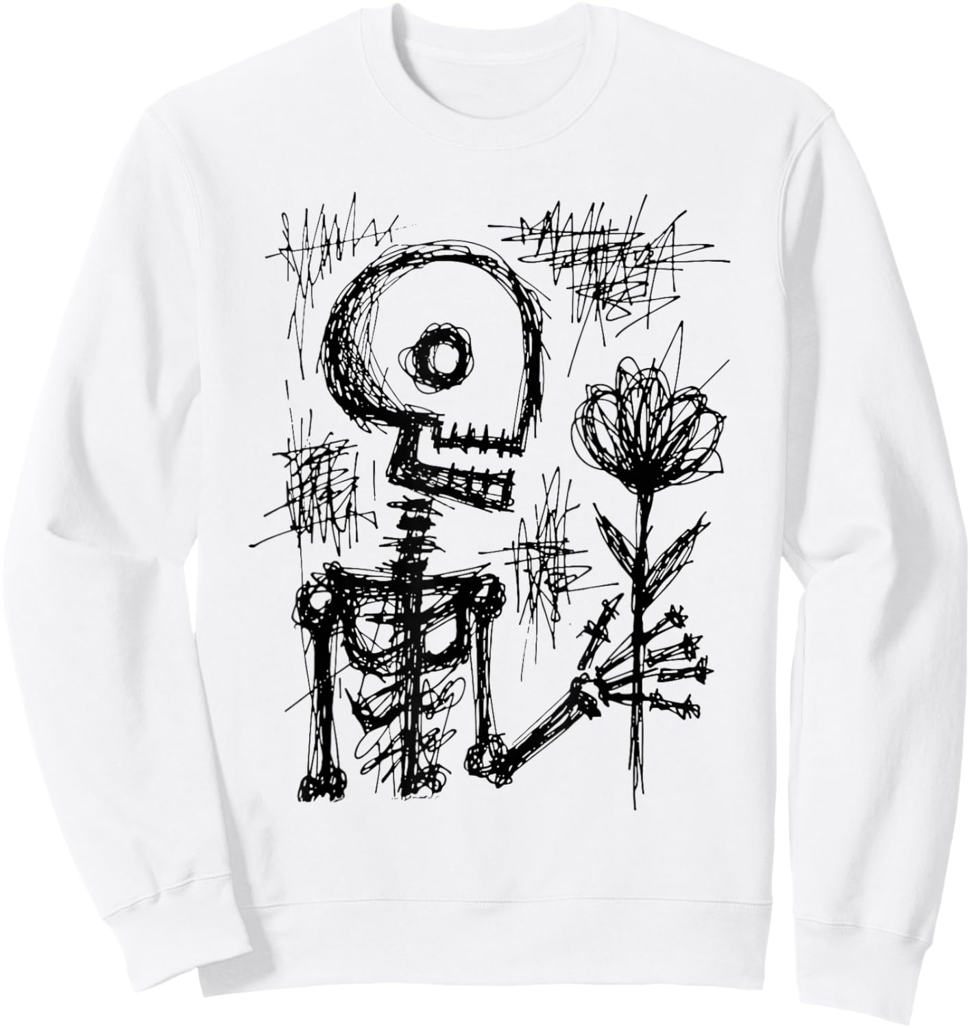 Hand Drawn Skeleton Holding Flower Sweatshirt - Sweatshirt | White