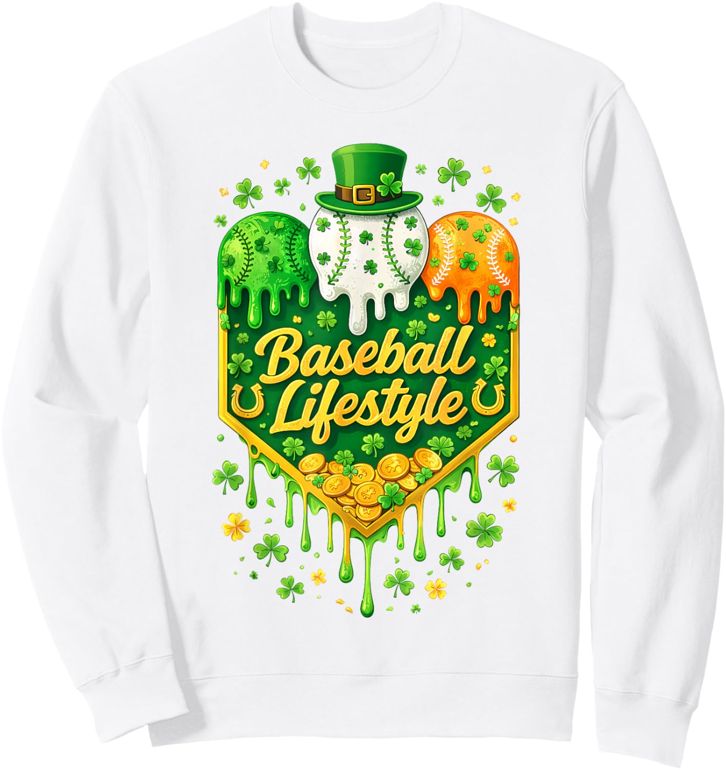 Baseball Drip Ice Cream Shamrock Youth Boy St Patricks Day Sweatshirt - Sweatshirt | White