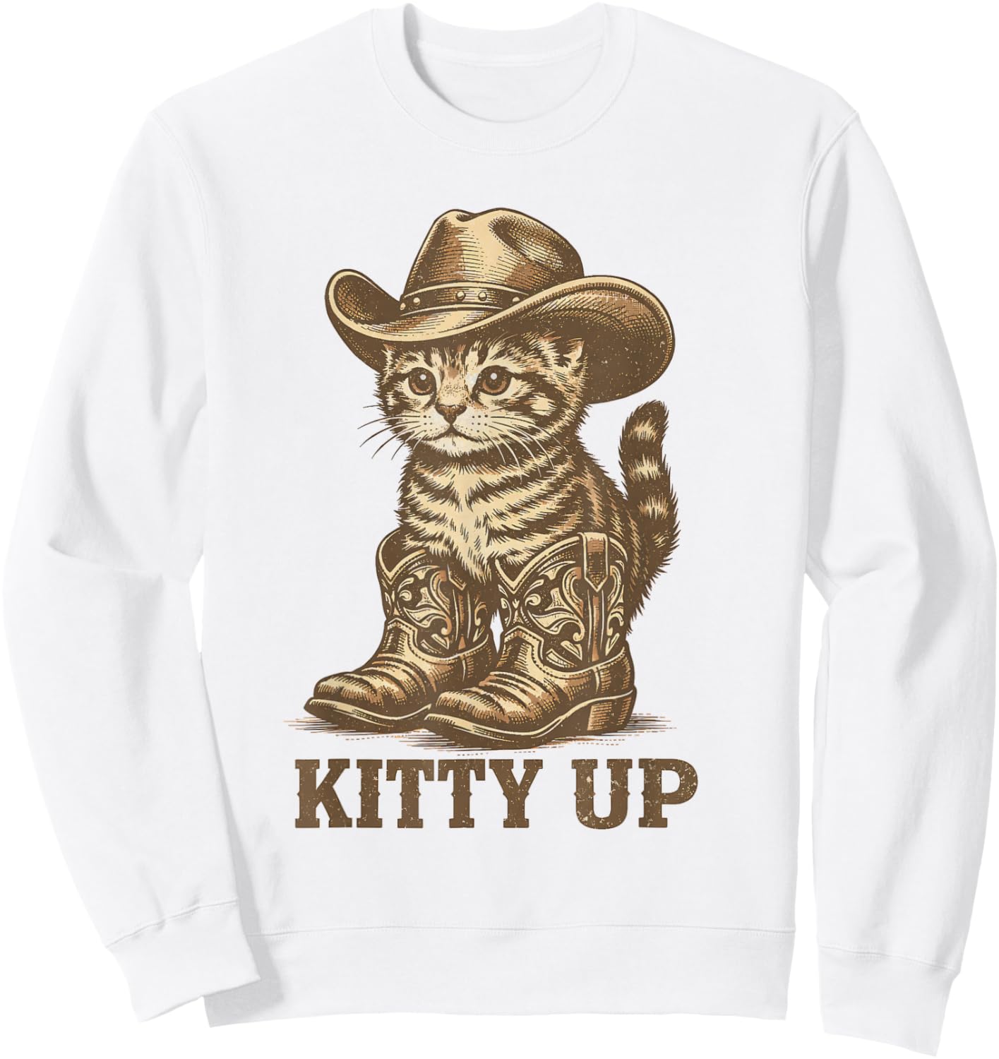 Kitty Up Vintage Western Country Music Funny Cowboy Cat Sweatshirt - Sweatshirt | White