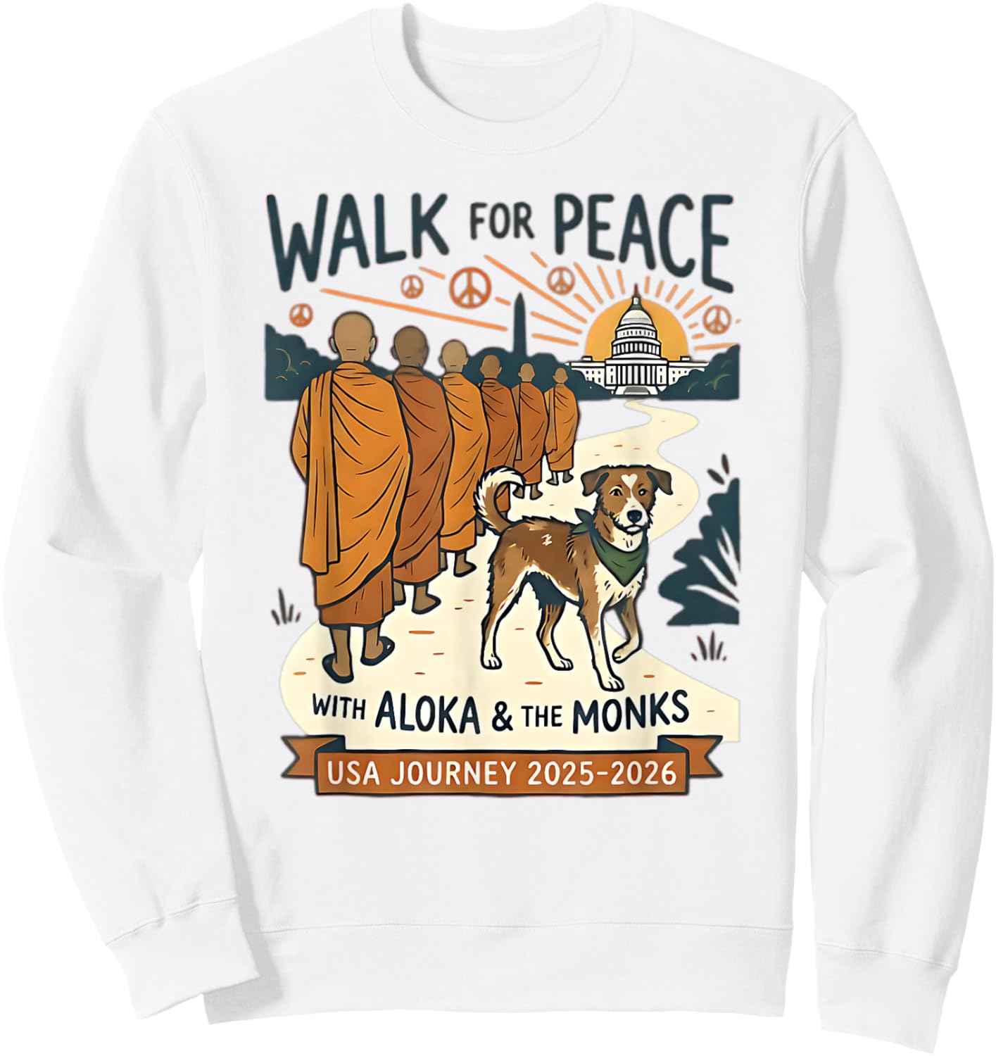 Walk for Peace Monks Dog USA Journey 2025-2026 Vintage Zen Sweatshirt - Sweatshirt | White