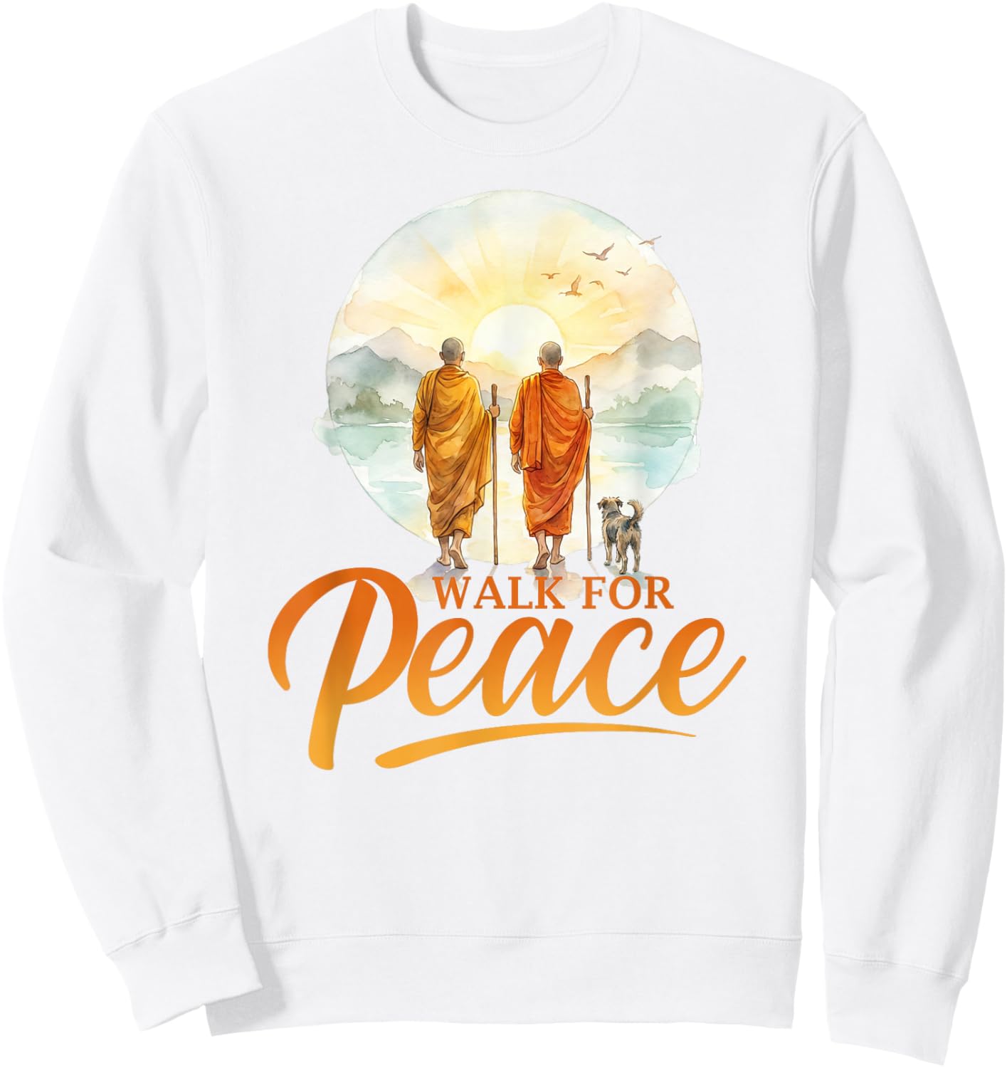 Walk for Peace Monks with Aloka Dog Minimalist Zen Art Sweatshirt - Sweatshirt | White