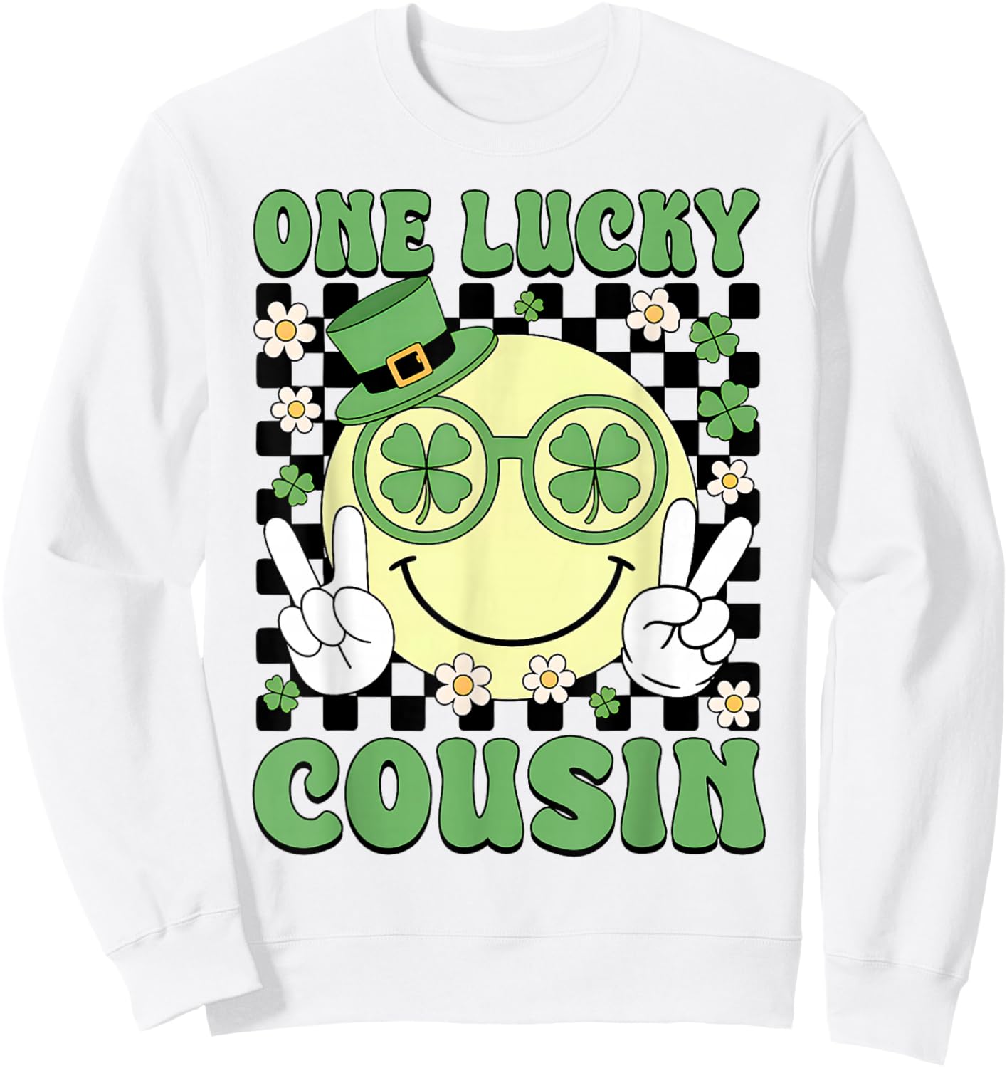 Groovy Shamrock One Lucky Cousin Happy St Patricks Day Sweatshirt - Sweatshirt | White
