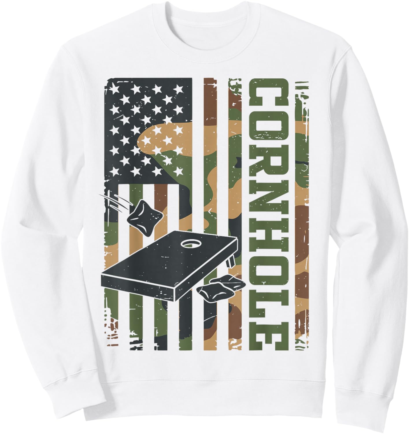 Daddy Cornhole Dad Team Camo American Flag Corn Hole Funny Sweatshirt - Sweatshirt | White