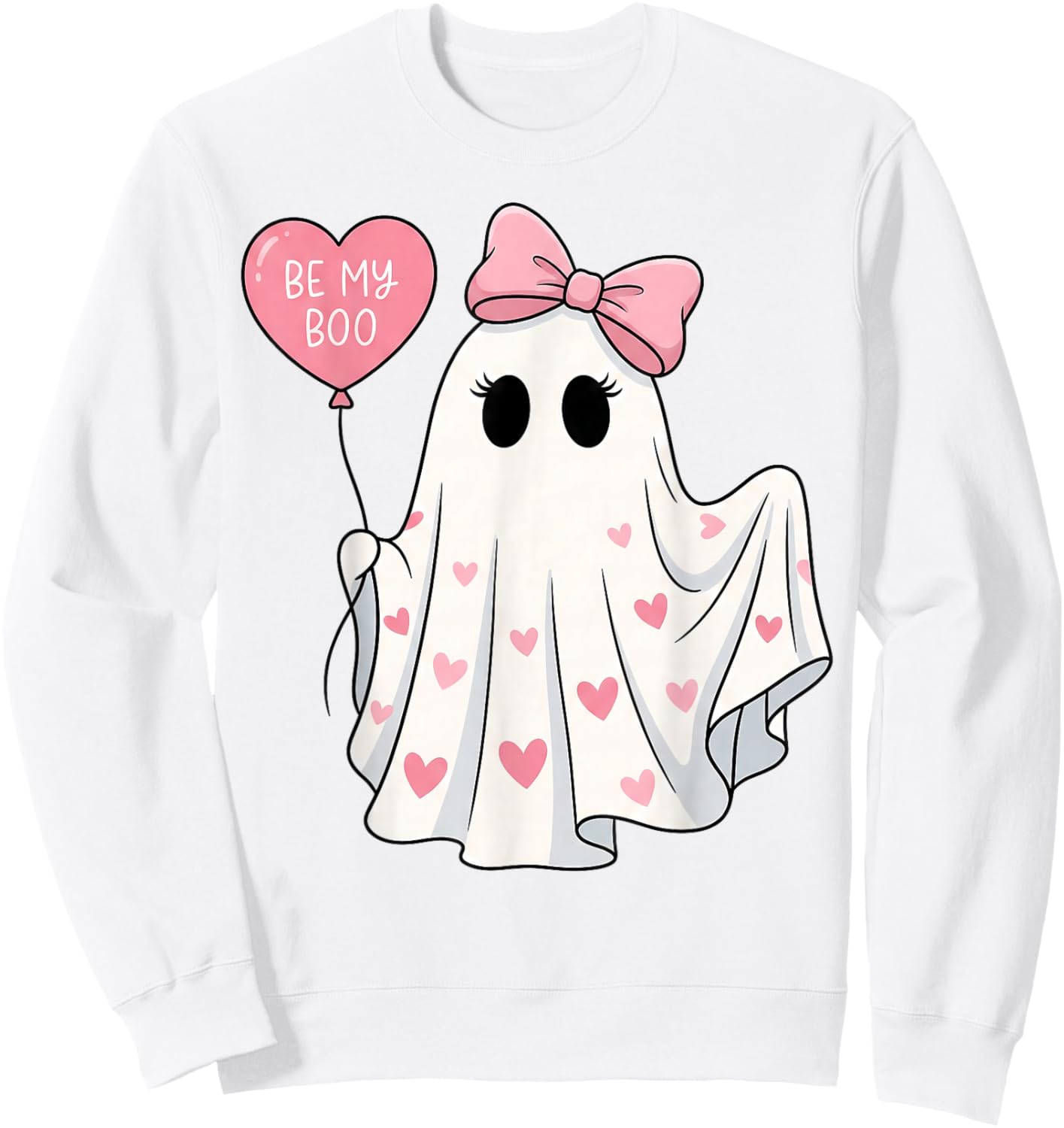 Be My Boo Cute Ghost Pink Bow and Hearts Valenween Sweatshirt - Sweatshirt | White