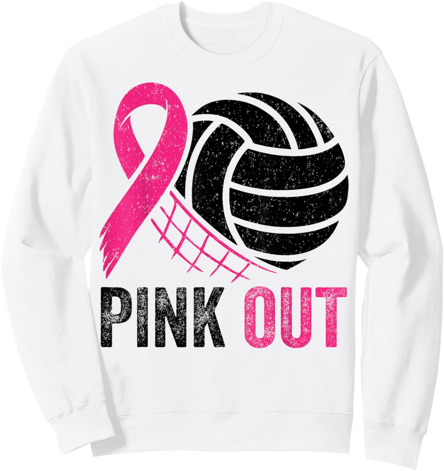 Pink Out Volleyball Breast Cancer Awareness Pink Ribbon Sweatshirt - Sweatshirt | White