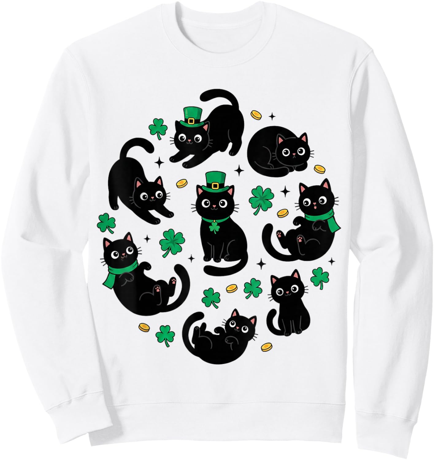 Cute Cats St. Patrick Black Cat Shamrock Kitty Irish Sweatshirt - Sweatshirt | White
