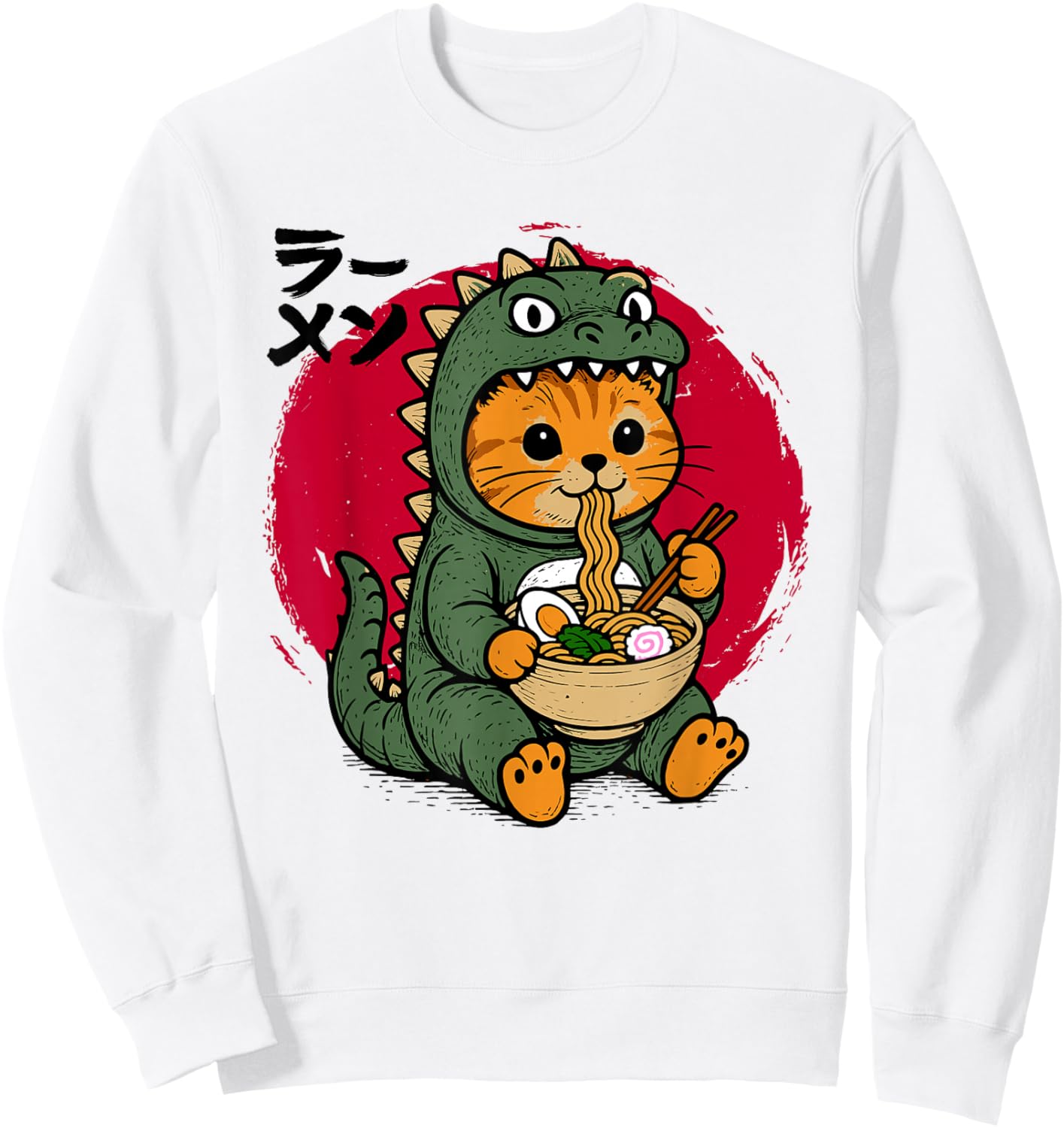 Funny Kaiju Cat Ramen Noodles Kawaii Japanese Anime Graphic Sweatshirt - Sweatshirt | White