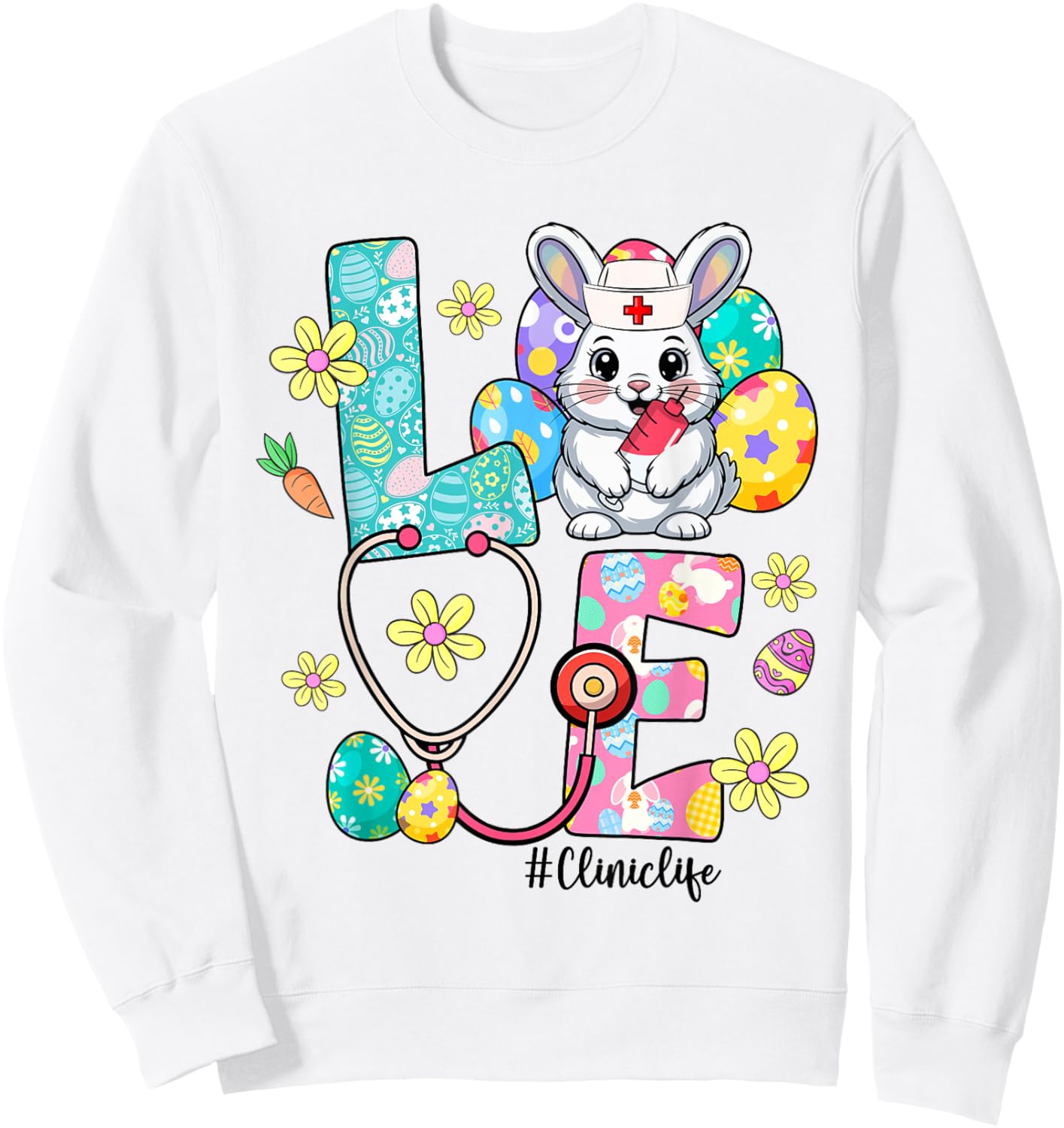 Love Clinic Life Bunny Stethoscope Easter Sweatshirt - Sweatshirt | White