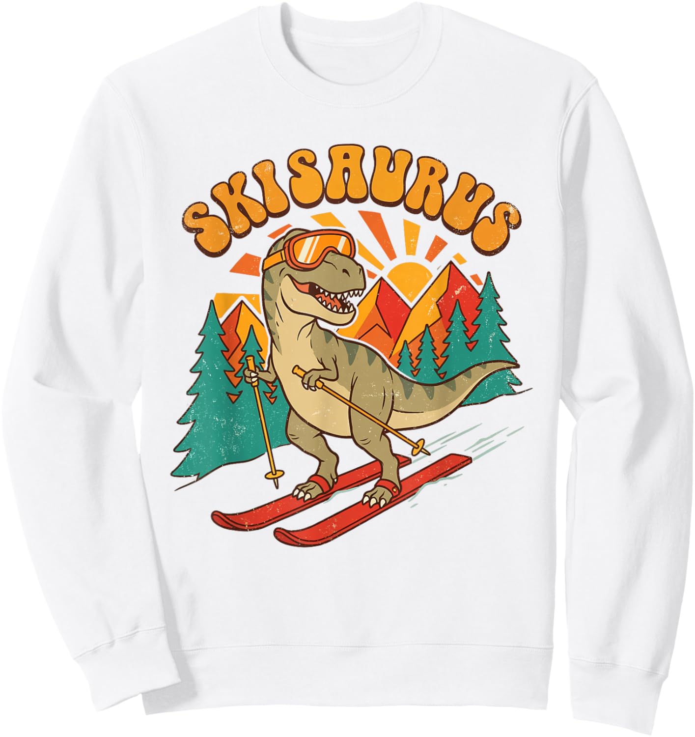 Skisaurus Skiing Dinosaur Vintage Winter Sports Sweatshirt - Sweatshirt | White