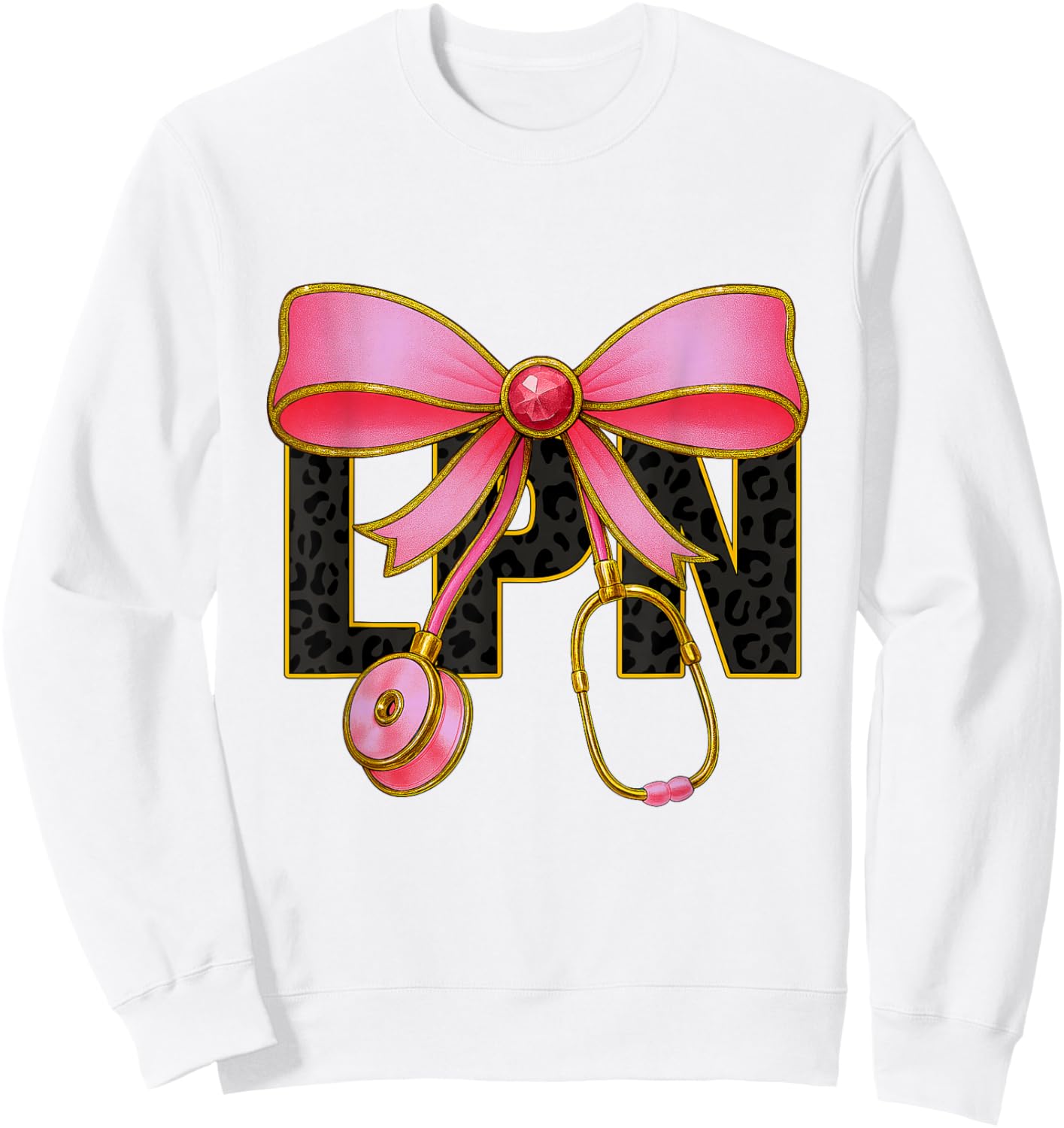 LPN Nurse Coquette Bow Leopard Print Stethoscope Nurses Sweatshirt - Sweatshirt | White