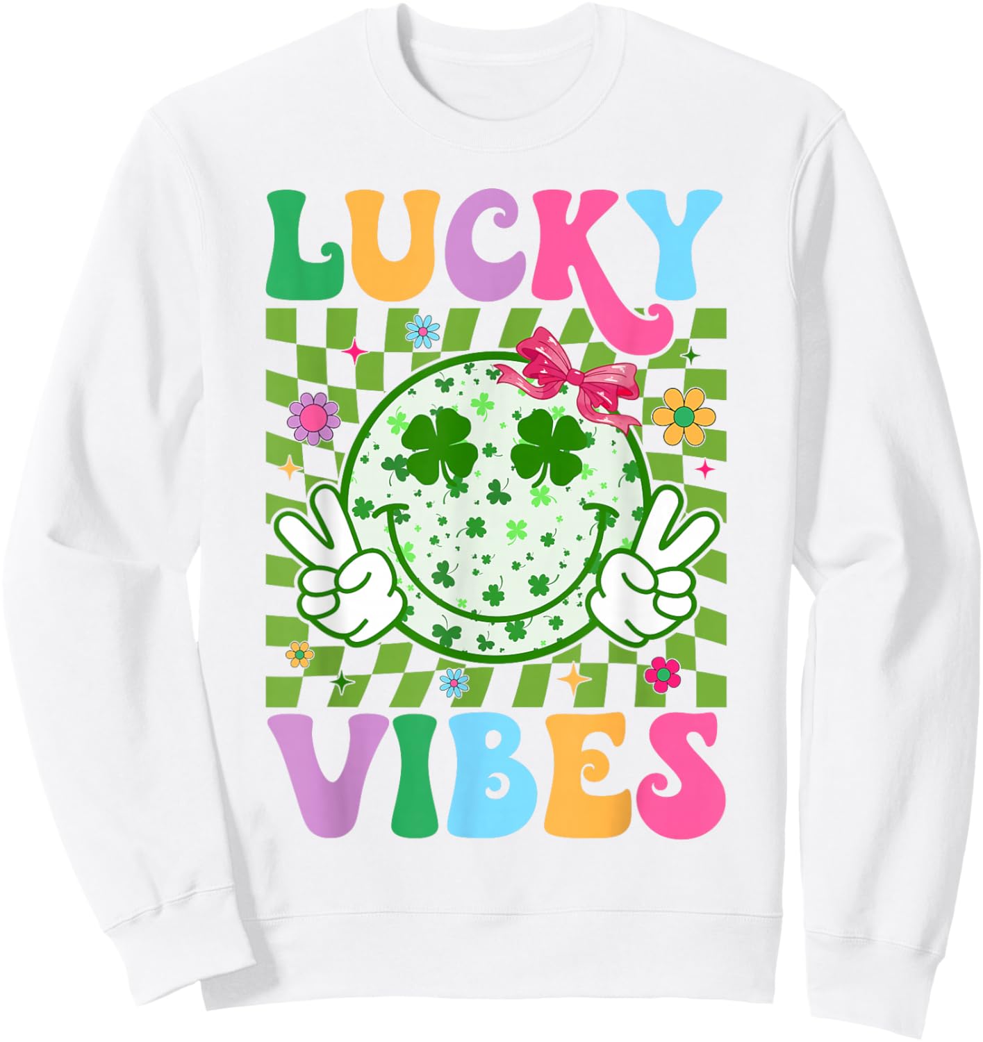 Groovy St Patricks Day Lucky Vibes Shamrock Women Girls Kids Sweatshirt - Sweatshirt | White
