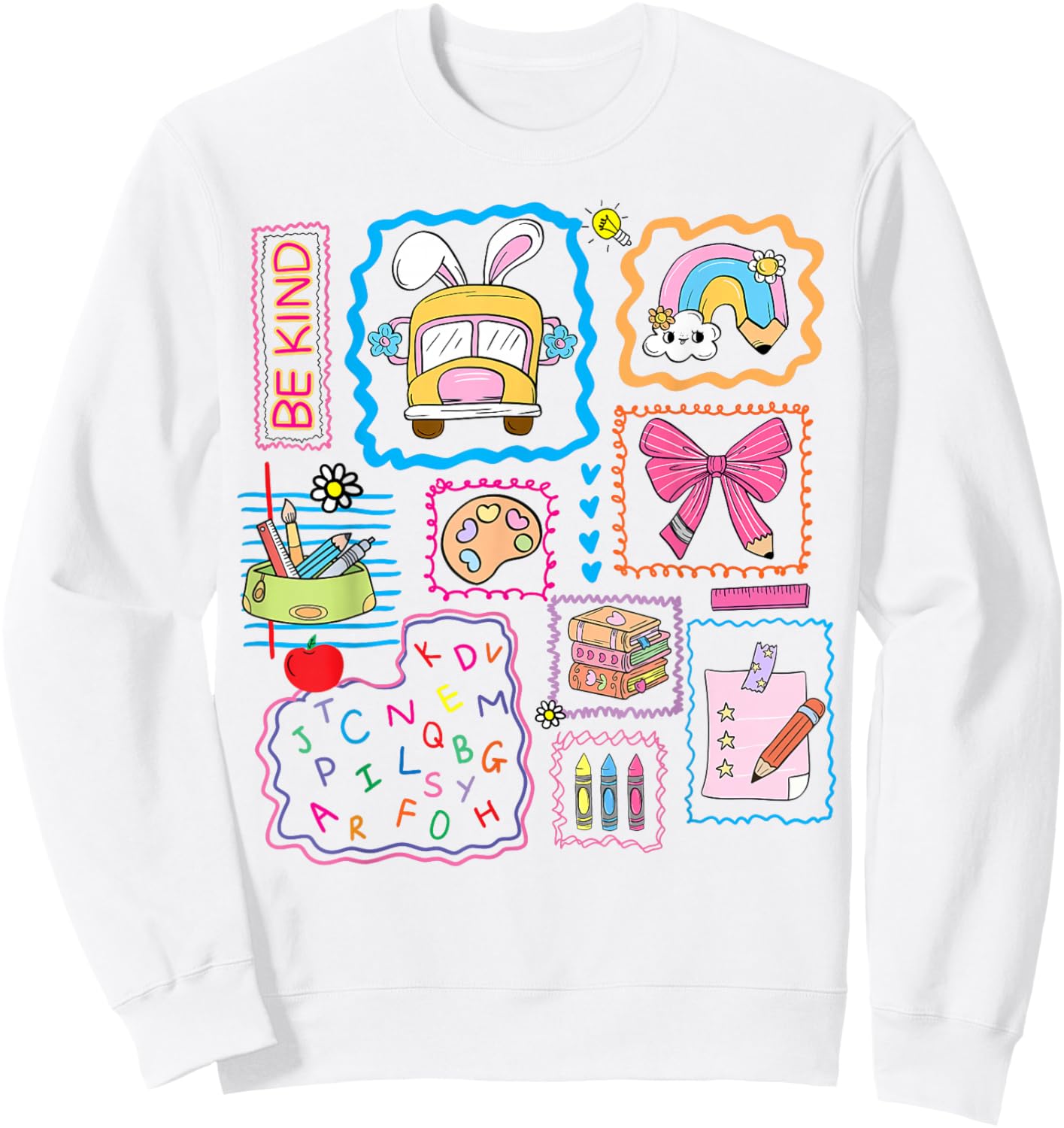 Be Kind School Girls Teacher Coquette Bow Bus Rainbow Crayon Sweatshirt - Sweatshirt | White