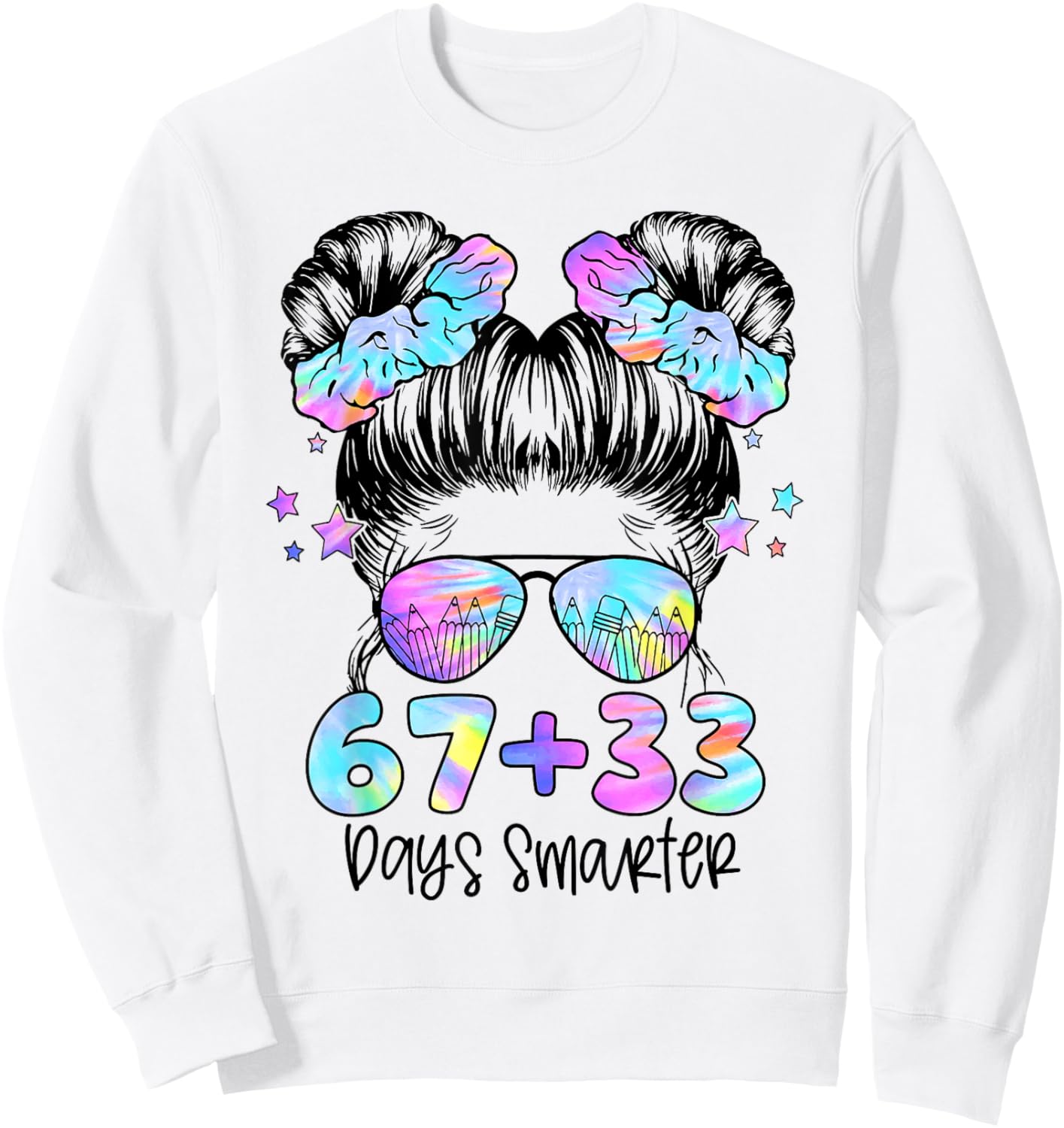 67 33 Days Smarter Messy Bun Girl 100th Day of School Kids Sweatshirt - Sweatshirt | White