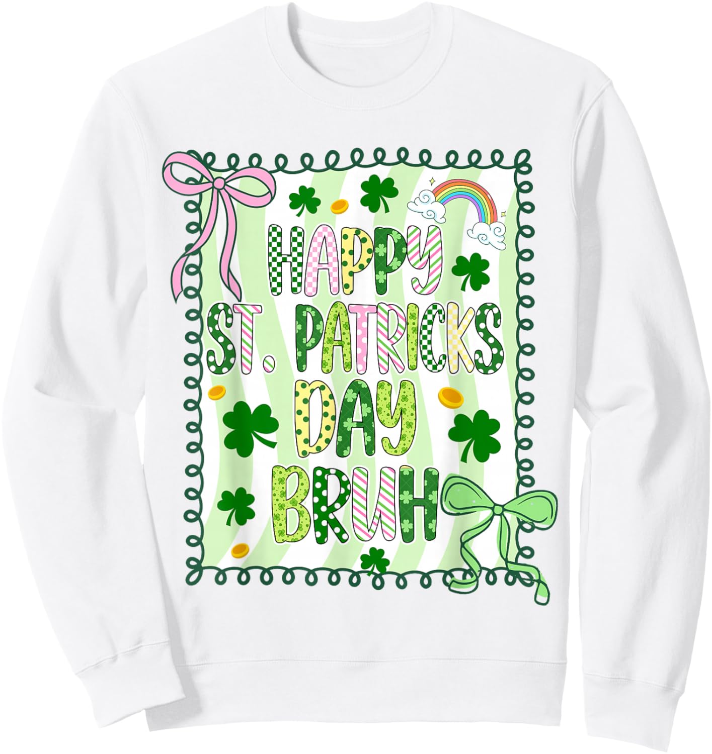 Bruh Happy St Patricks Day Kids Coquette Girls Bow Shamrock Sweatshirt - Sweatshirt | White