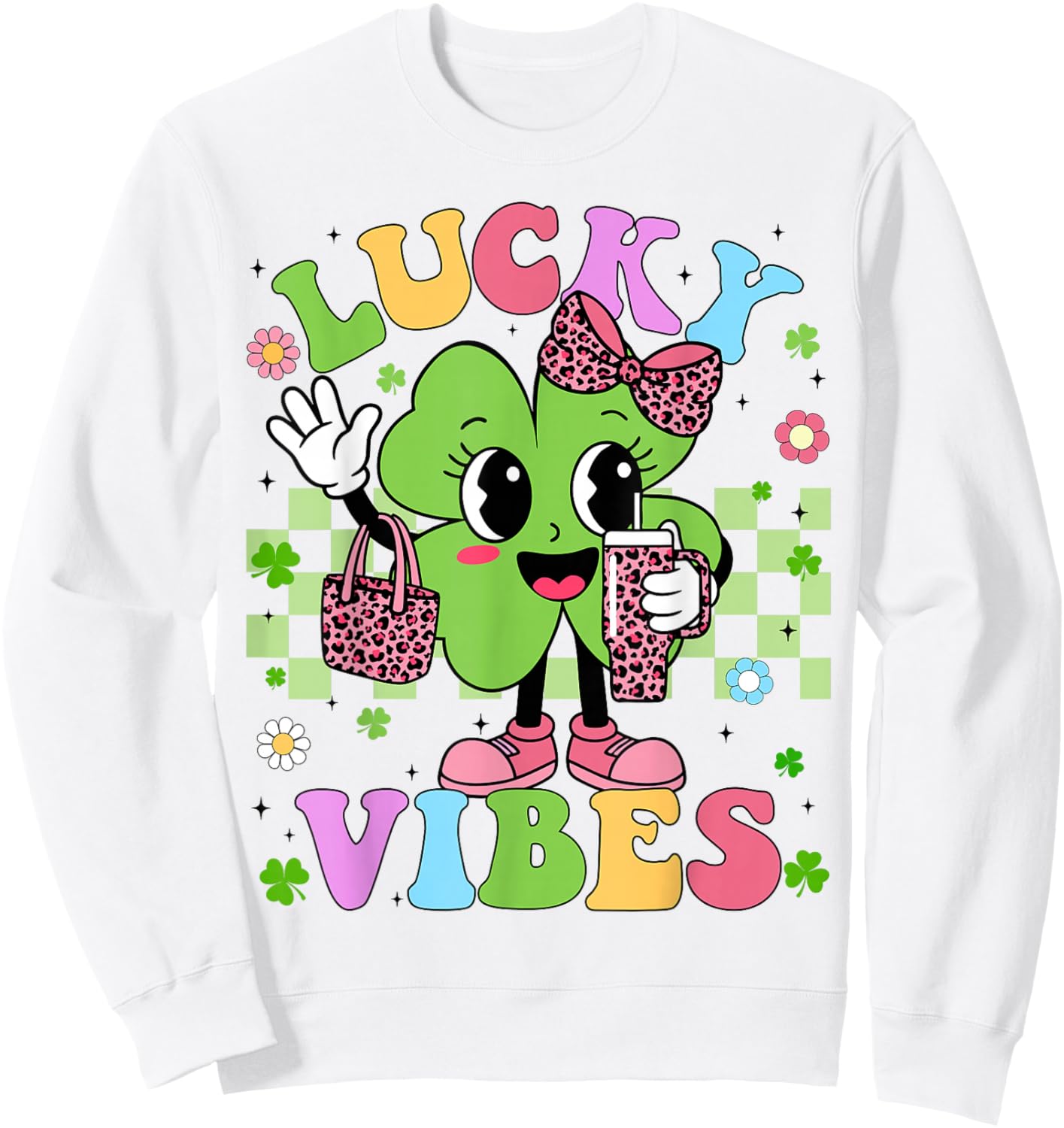 Lucky Vibes Cute Shamrock Leopard St Patricks Girl Kid Women Sweatshirt - Sweatshirt | White