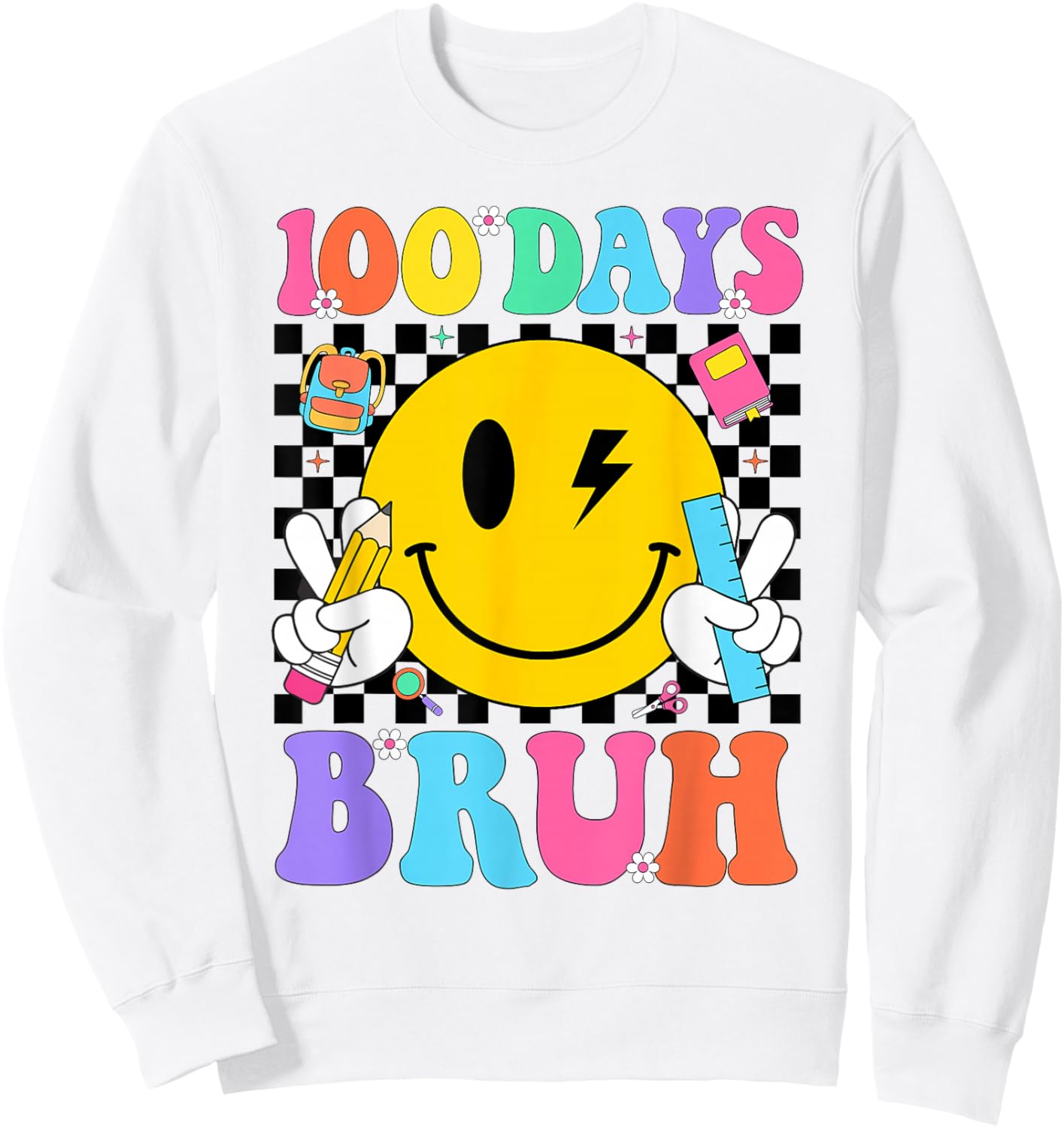 100 Days Bruh Retro Smile Face Boys Girls Kids 100th Day Sweatshirt - Sweatshirt | White