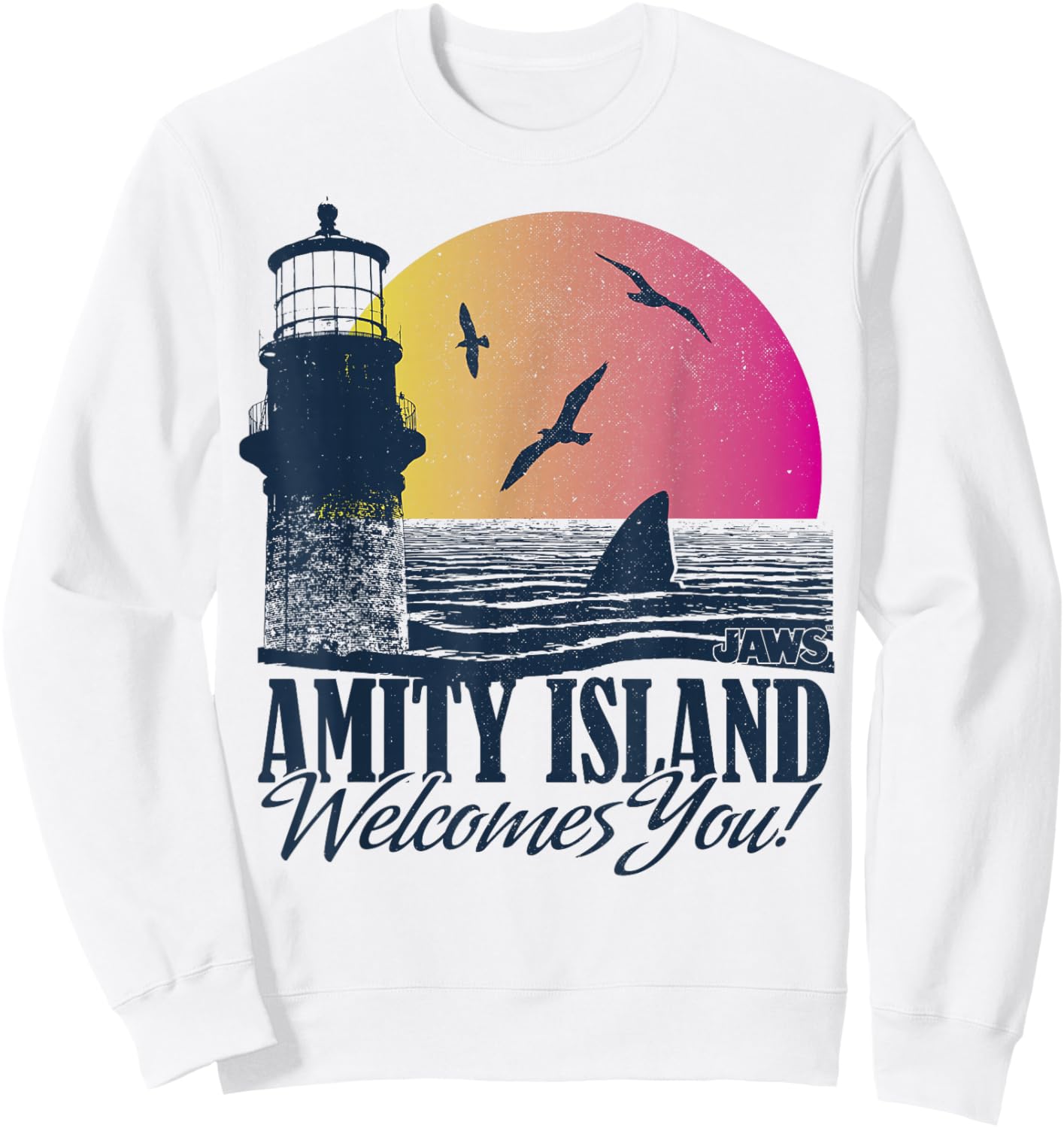 Jaws Amity Island Welcomes You Shark Fin Sunset Sweatshirt - Sweatshirt | White
