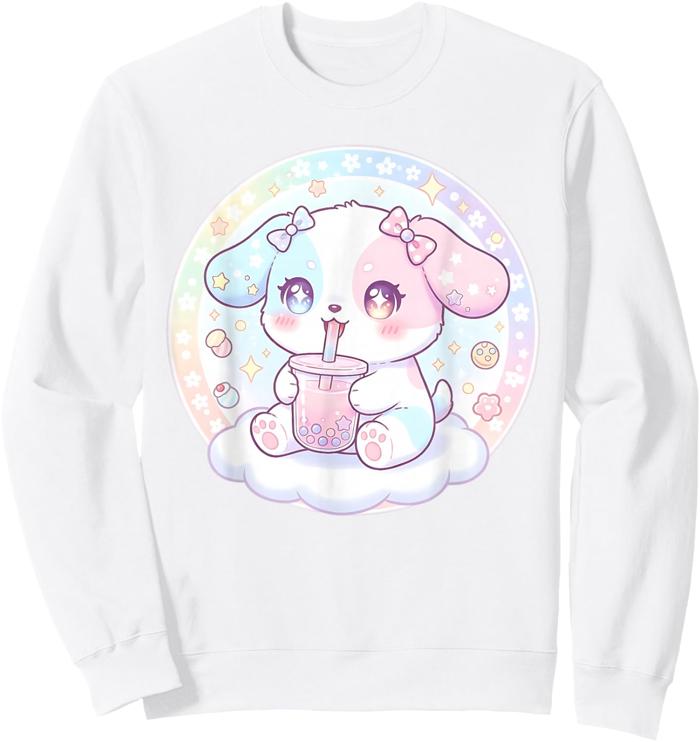 Puppy Dog Drinking Boba Tea Cute Girls Graphic Sweatshirt - Sweatshirt | White