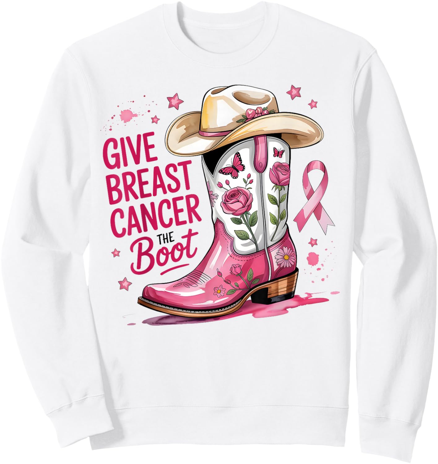 Give Breast Cancer The Boot Breast Cancer Pink Ribbon Women Sweatshirt - Sweatshirt | White