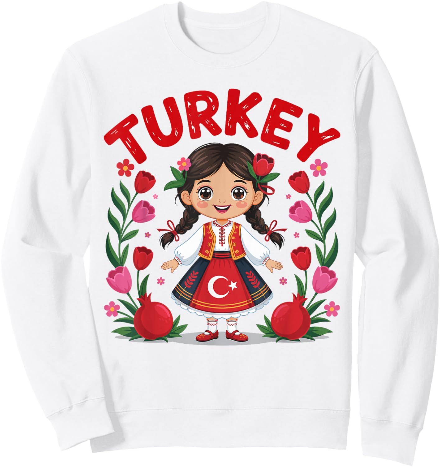 Turkey Girl Traditional Dress with Tulips and Pomegranates Sweatshirt - Sweatshirt | White