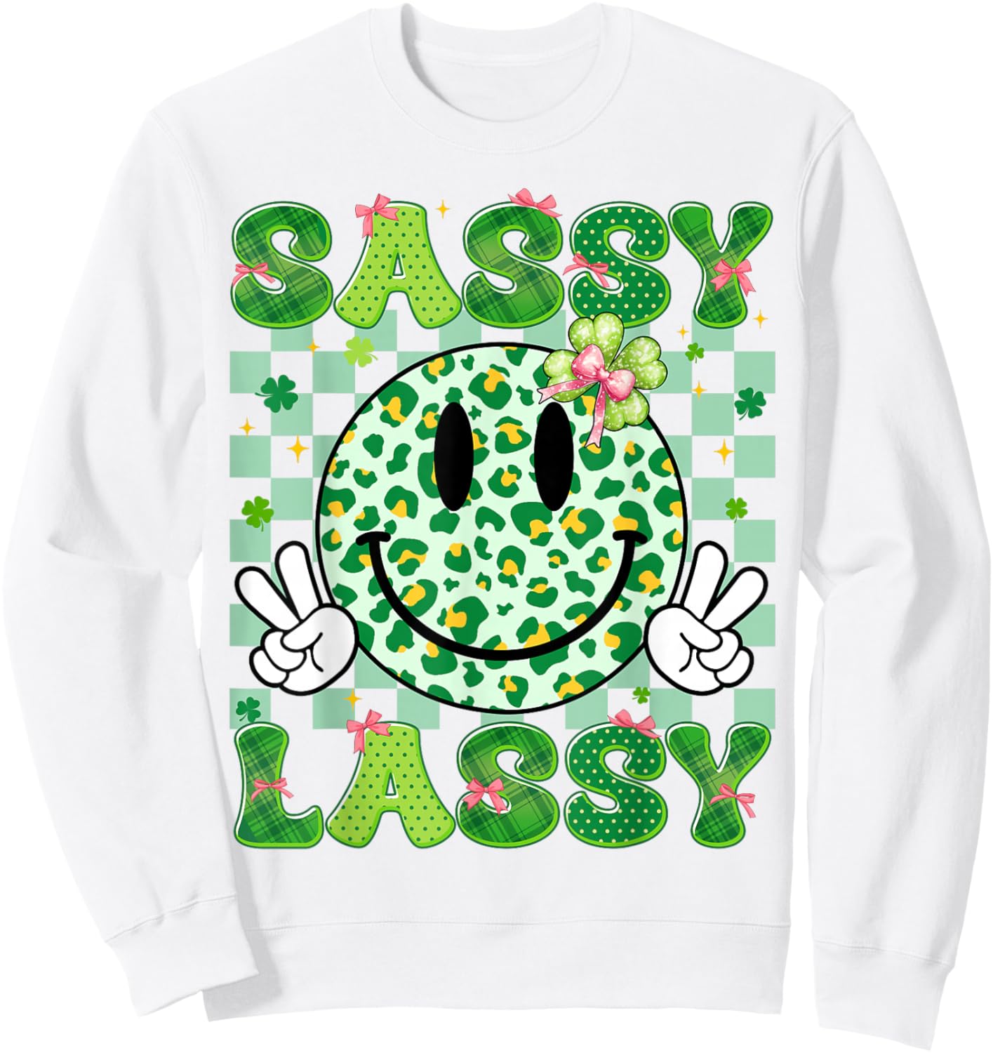 Sassy Lassy Shamrock Leopard St Patricks Girl Kid Women Sweatshirt - Sweatshirt | White