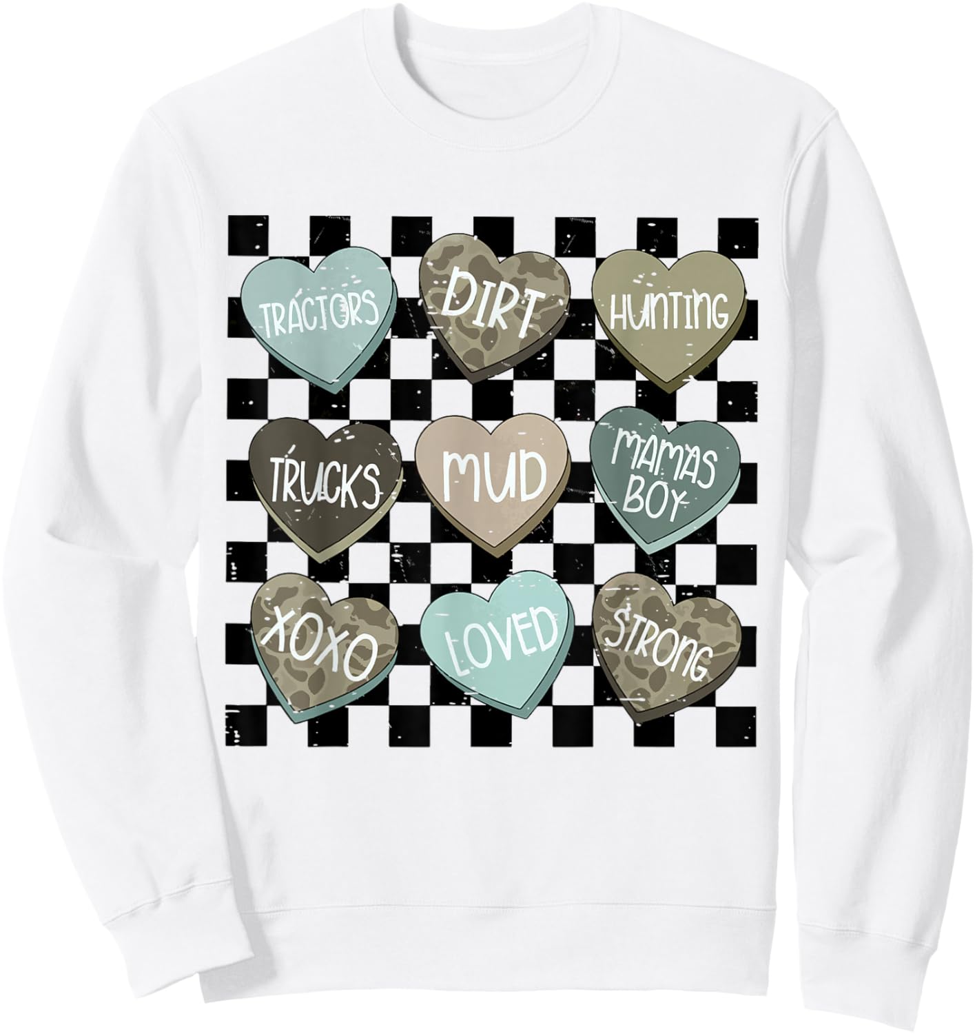 Retro Checkered Camo Hearts Valentine Loved XOXO Kids Boys Sweatshirt - Sweatshirt | White