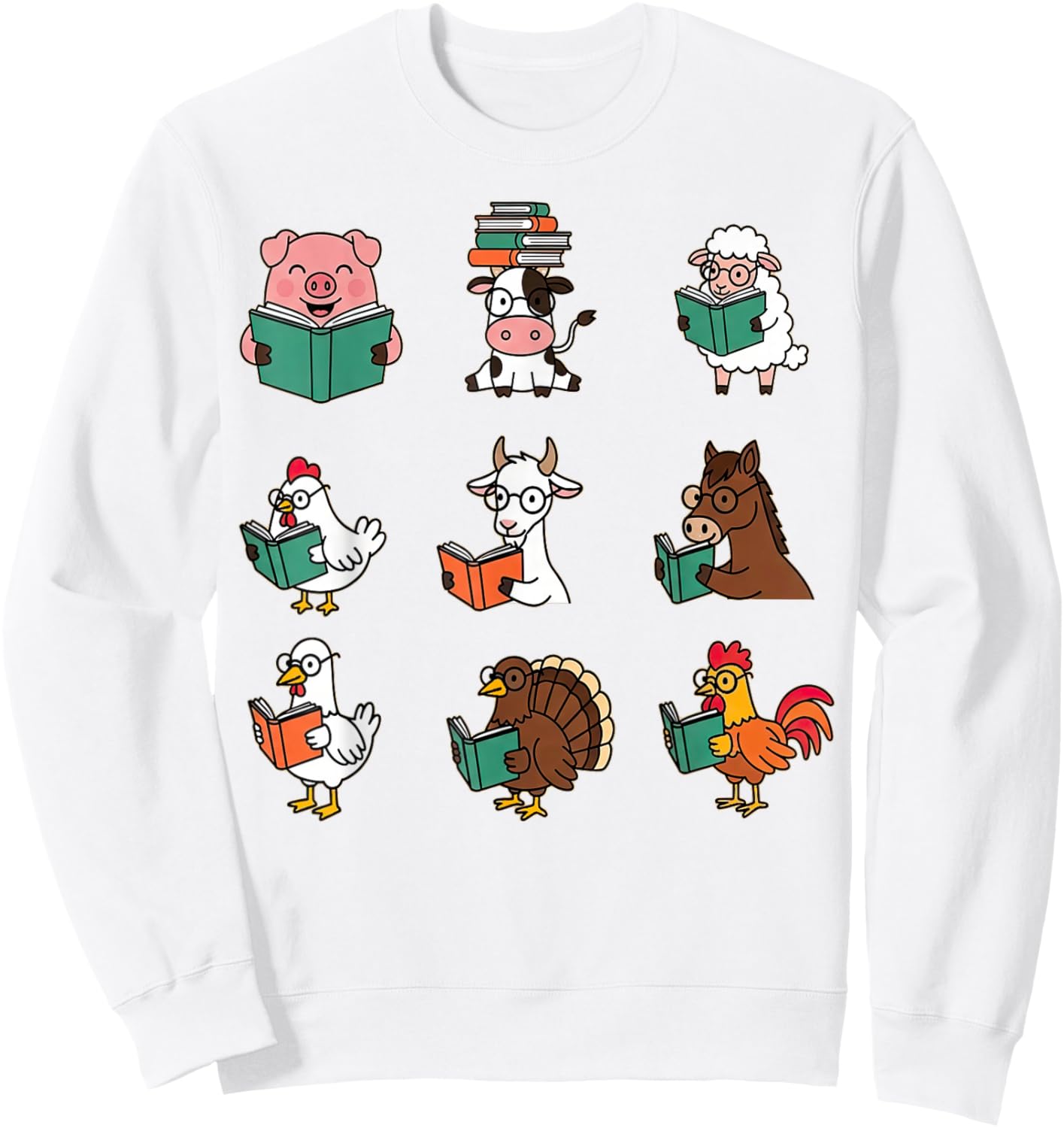 Cute Farm Animals Reading Books Fall Library or Classroom Sweatshirt - Sweatshirt | White