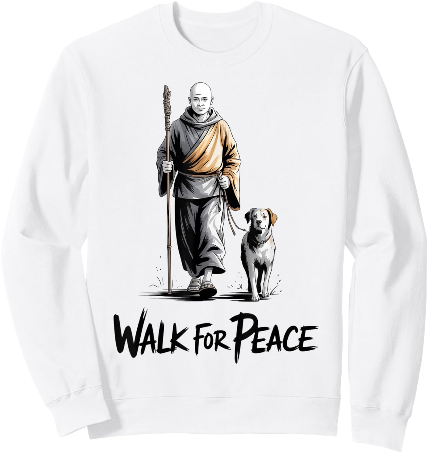 Retro Walk for Peace Monks with Aloka Dog Minimalist Zen Art Sweatshirt - Sweatshirt | White