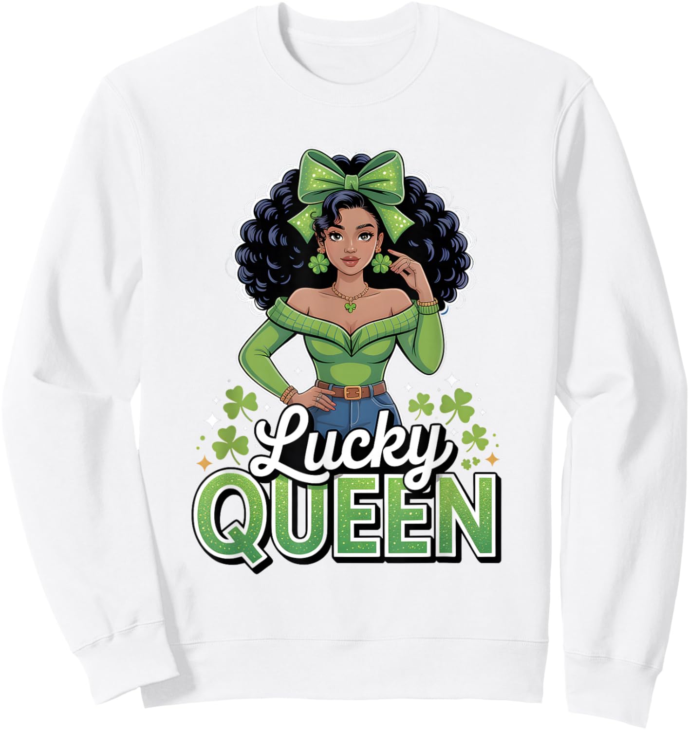 Lucky Queen St Patricks Day Black Girl Afro Shamrock Squad Sweatshirt - Sweatshirt | White